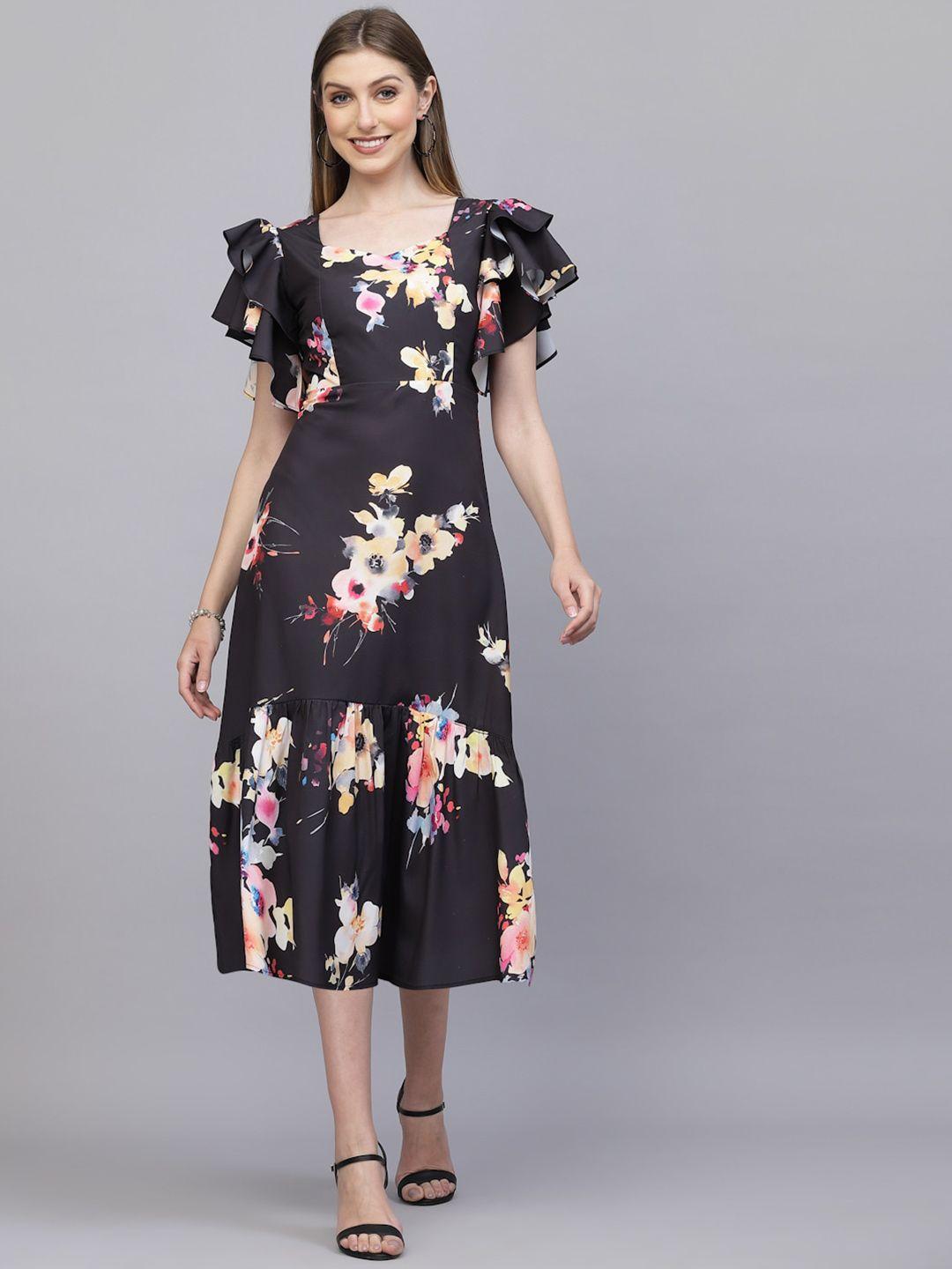 aayu floral printed flutter sleeves square neck flounce a-line midi dress