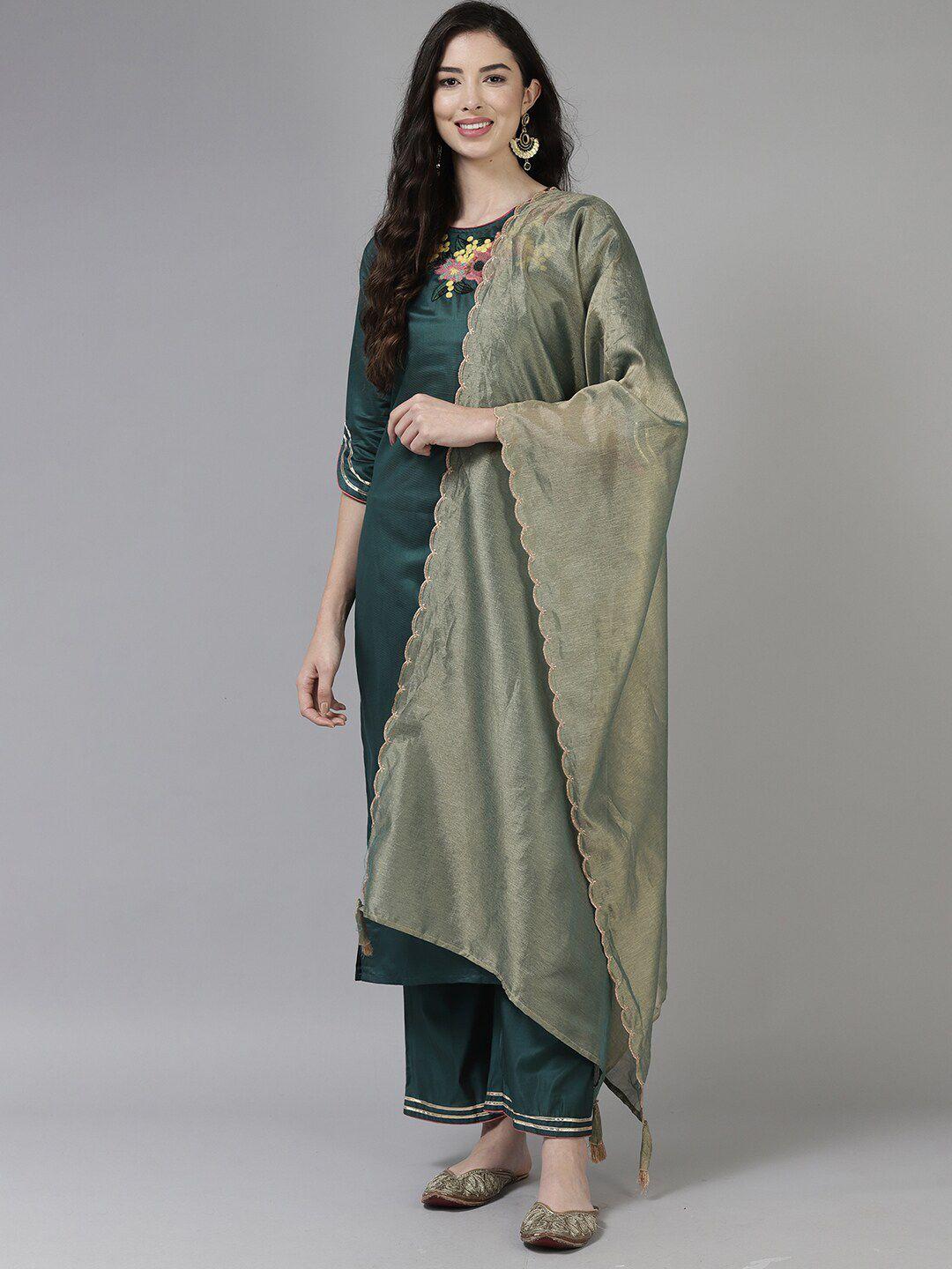 indo era floral embroidered thread work liva kurta with palazzos & dupatta