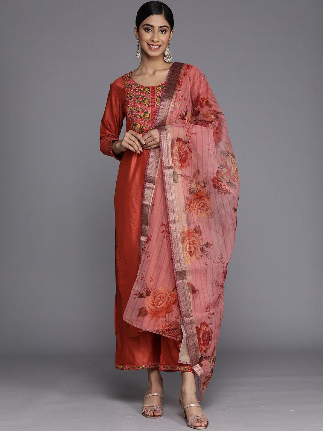 indo era floral embroidered thread work liva kurta with palazzos & dupatta