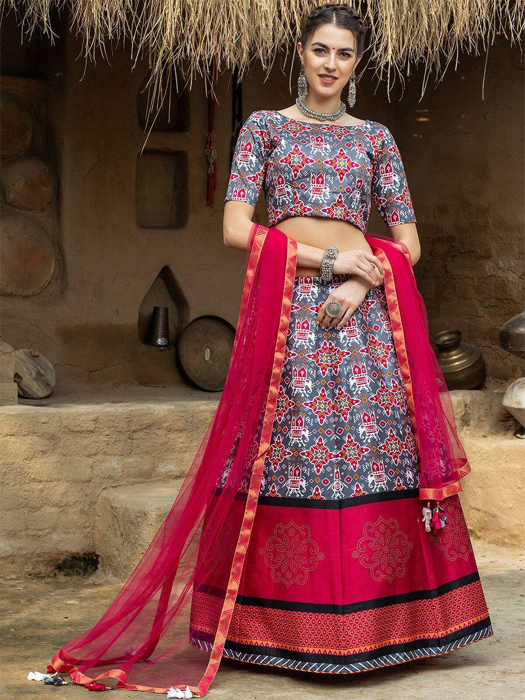 odette ethnic motifs printed semi-stitched lehenga & unstitched blouse with dupatta