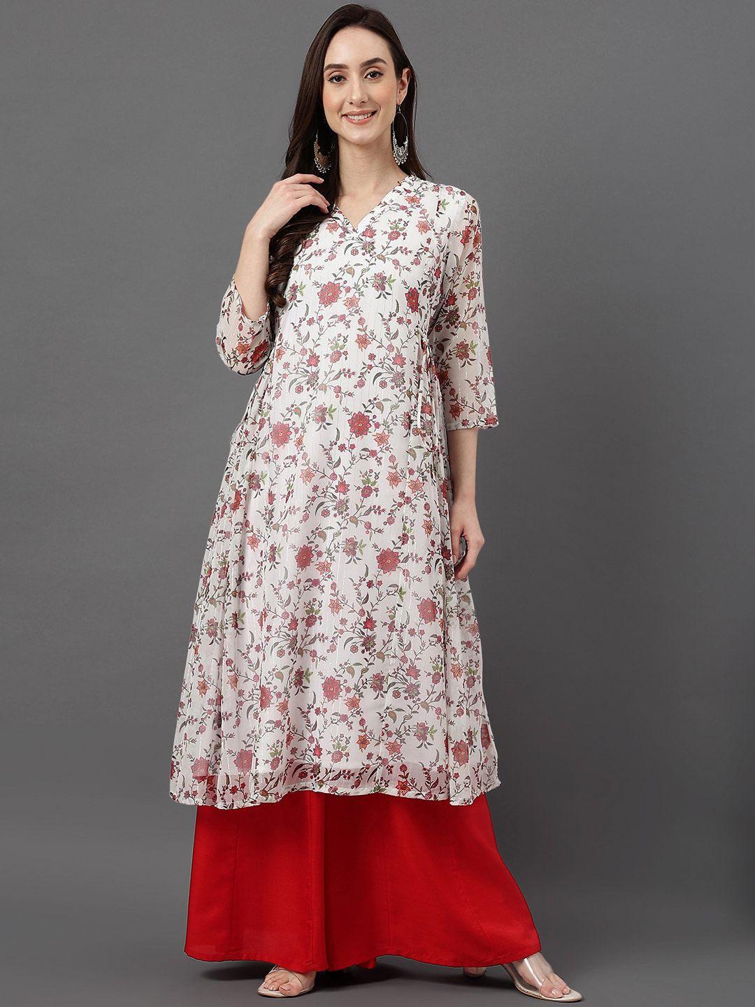 janasya floral printed v-neck a-line chiffon lurex kurta