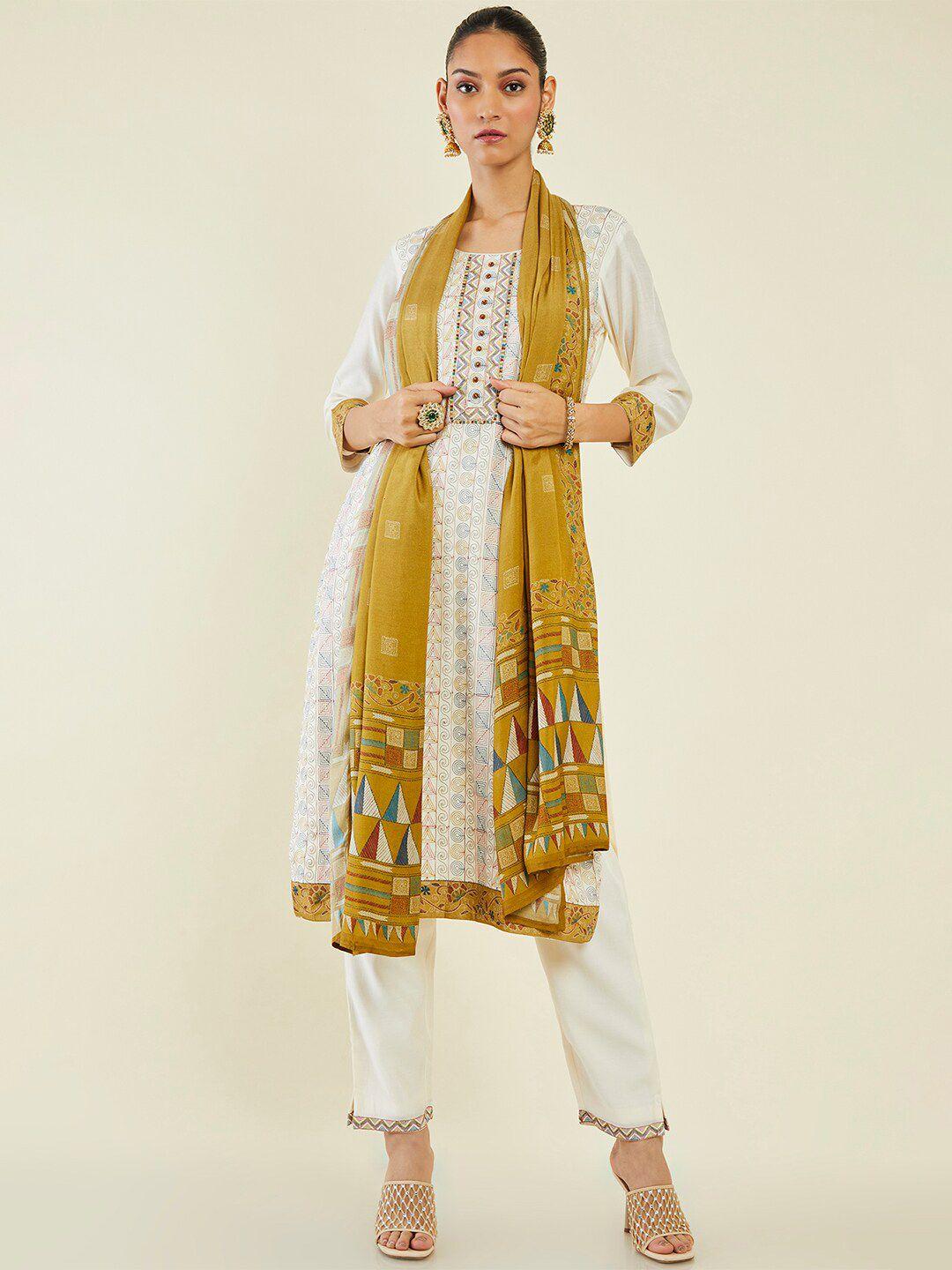 soch embroidered straight kurta with trousers & dupatta