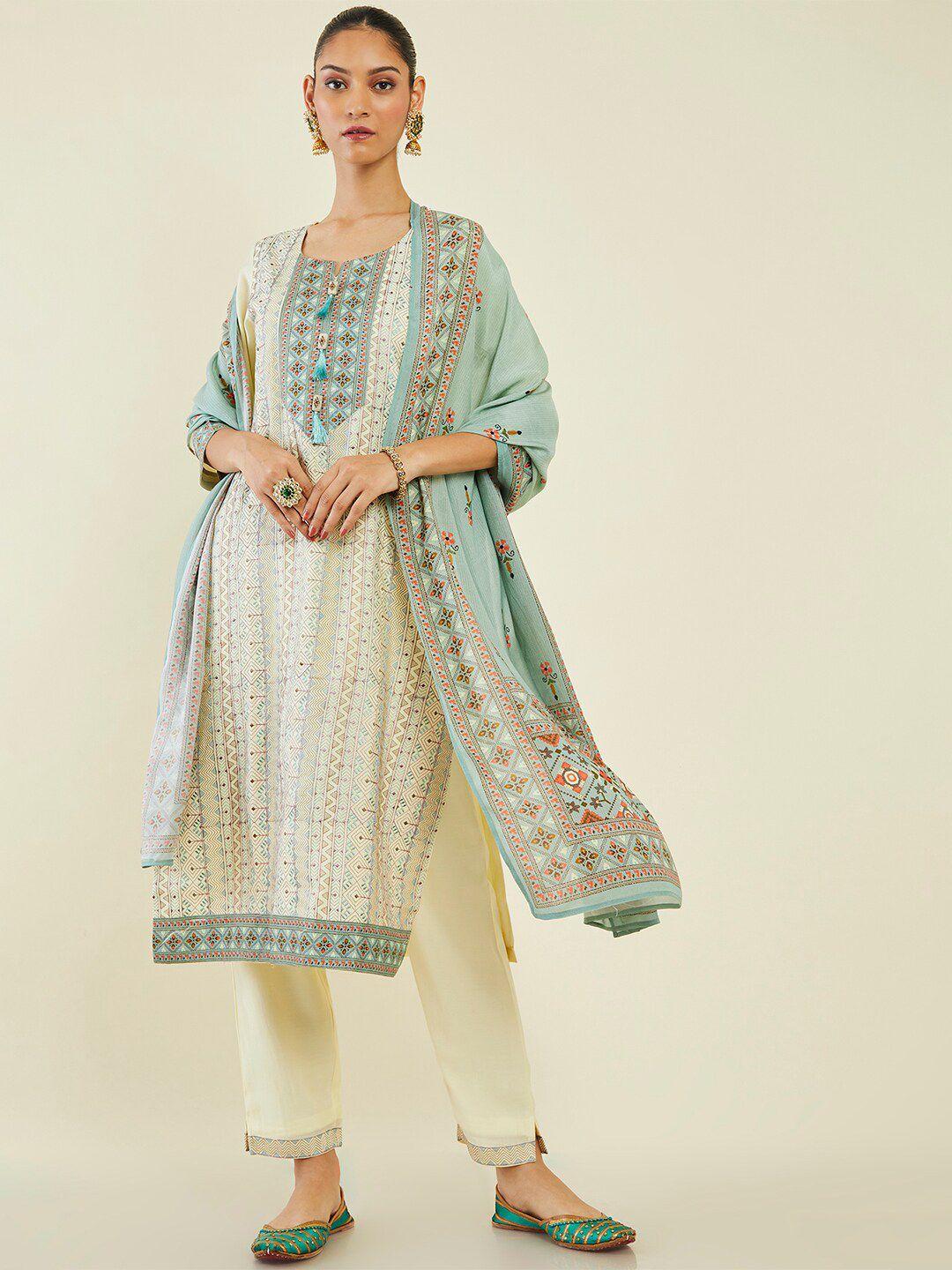 soch geometric printed notched neck straight fit kurta with trousers & dupatta