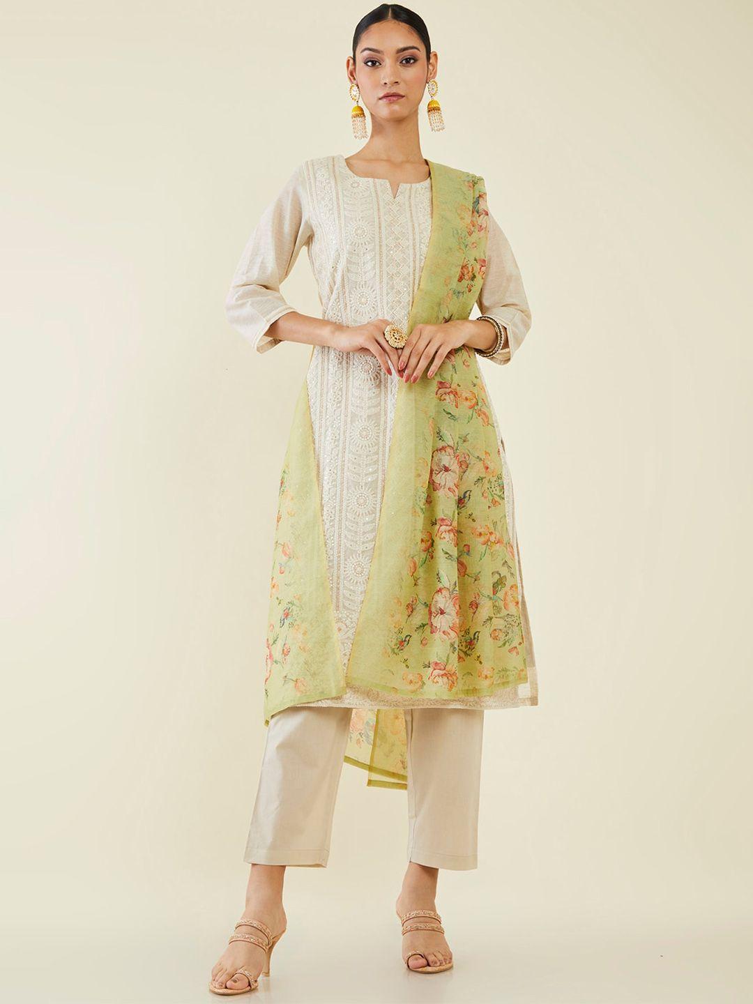 soch floral embroidered chikankari chanderi cotton kurta with trousers & dupatta