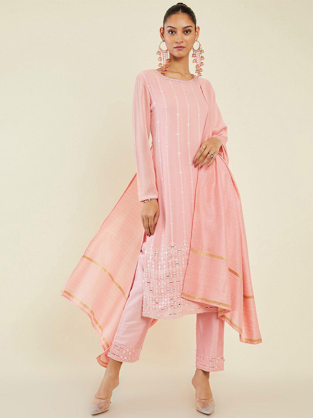 soch floral embroidered mirror work puff sleeves kurta with trousers & dupatta