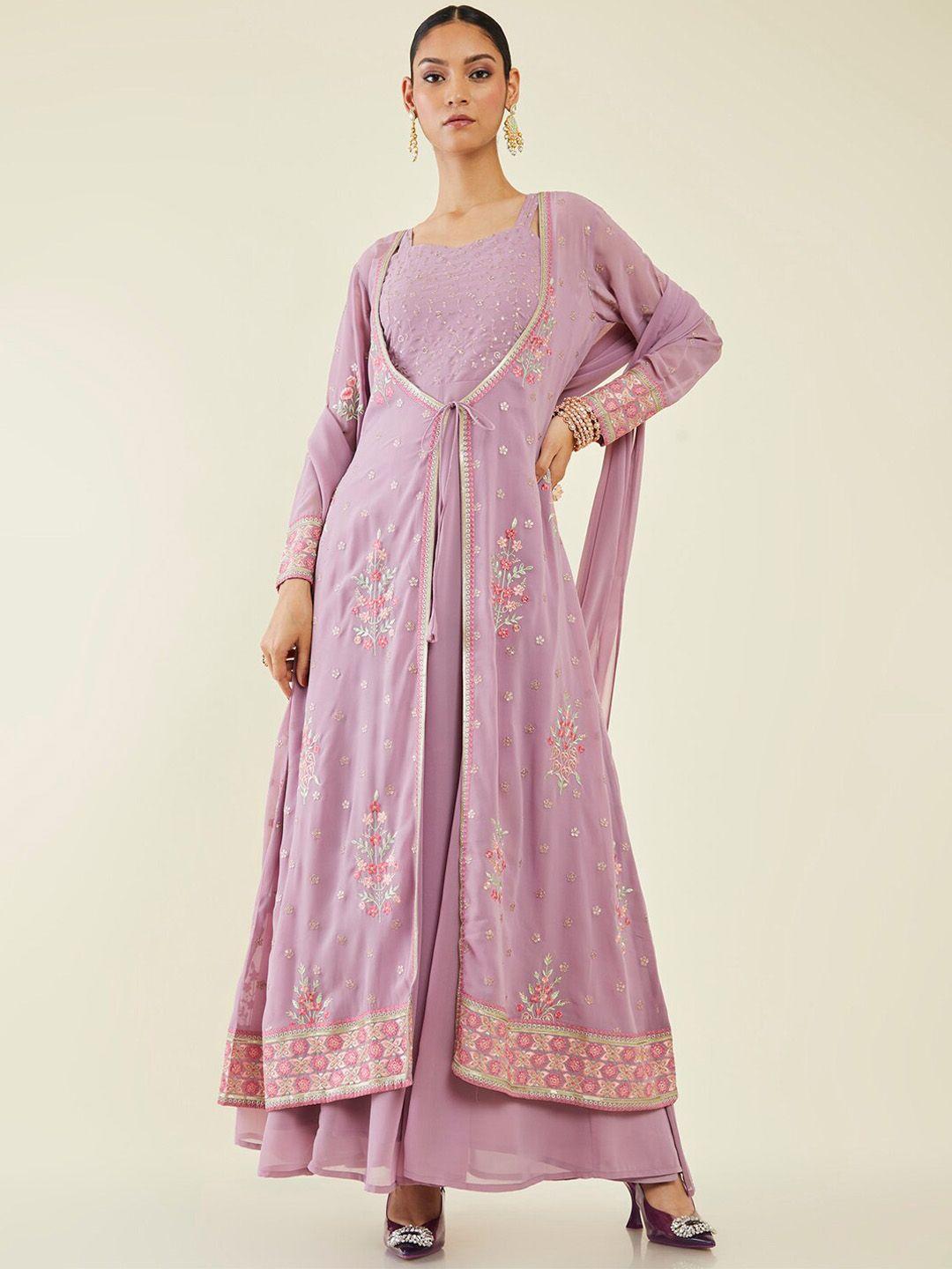 soch women  floral embroidered layered thread work kurta with churidar & dupatta