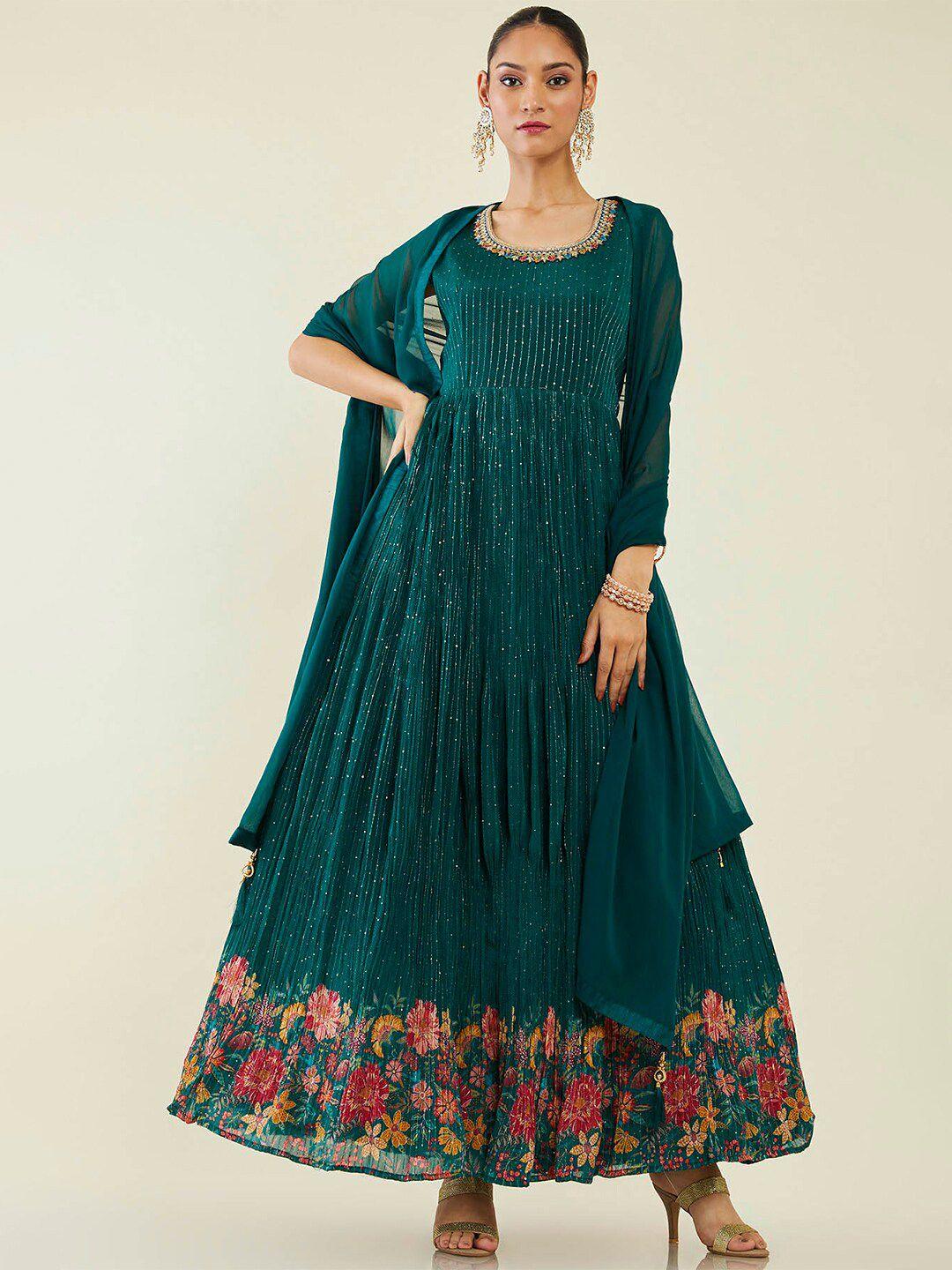 soch floral printed sequined georgette kurta with trousers & dupatta