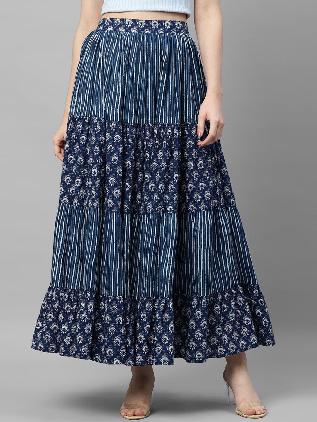 deebaco indigo printed pure cotton tiered maxi skirt