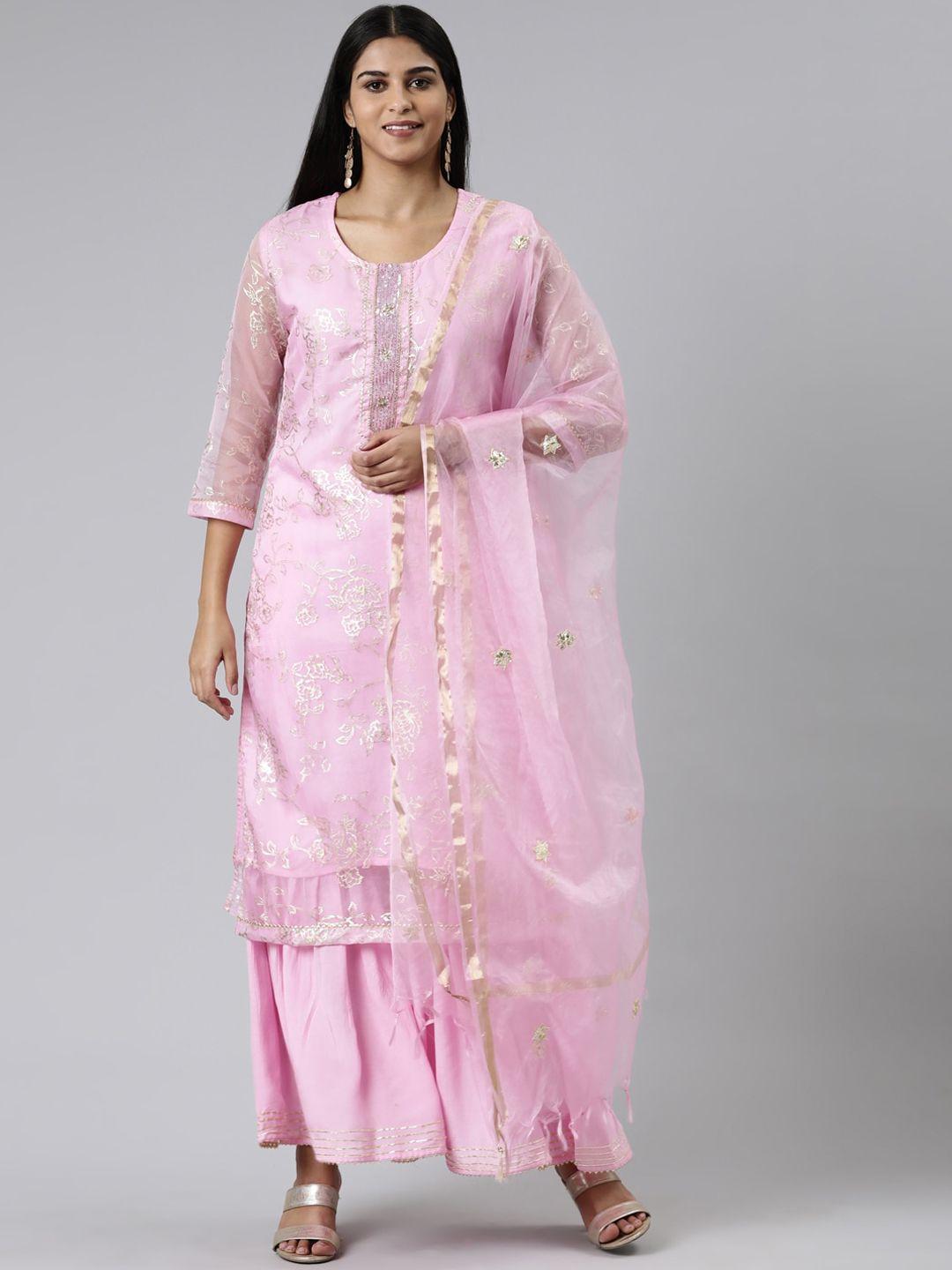 neerus floral printed chanderi cotton kurta with palazzos & with dupatta