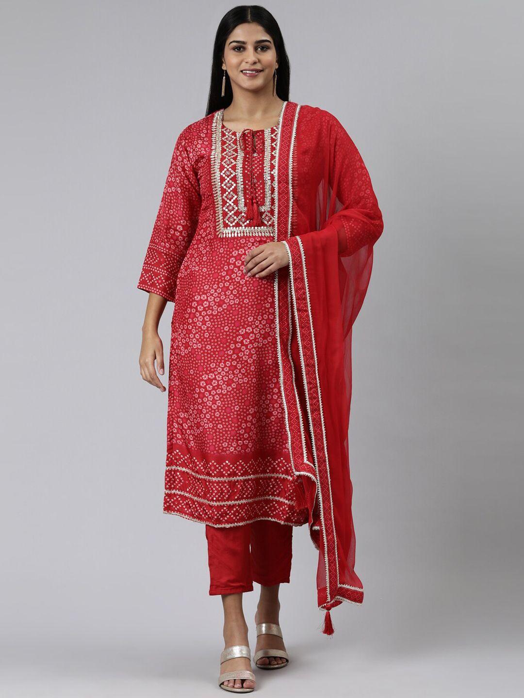 neerus bandhani printed beads and stones kurta with trousers & with dupatta