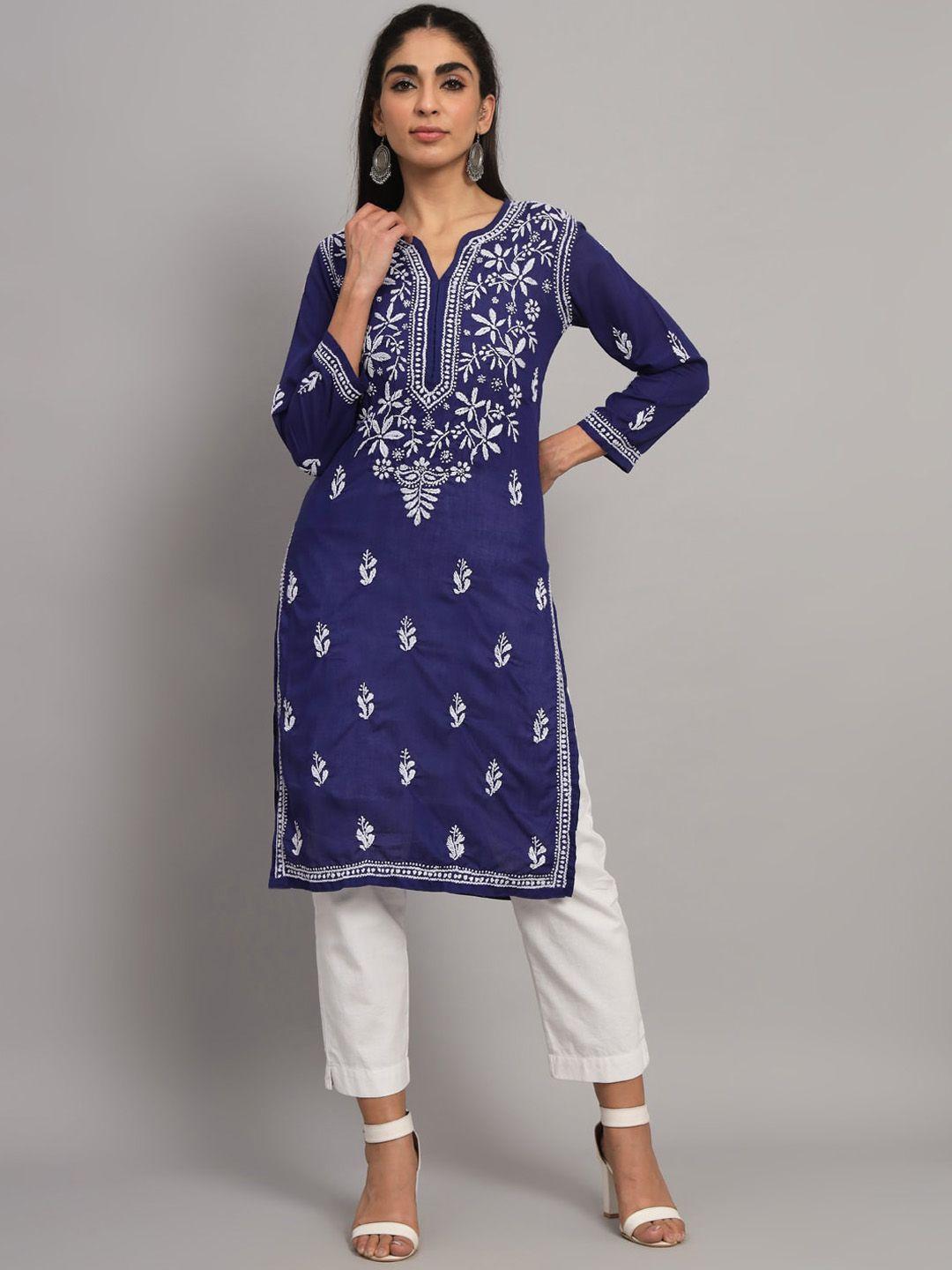 paramount chikan floral embroidered chikankari straight cotton kurta