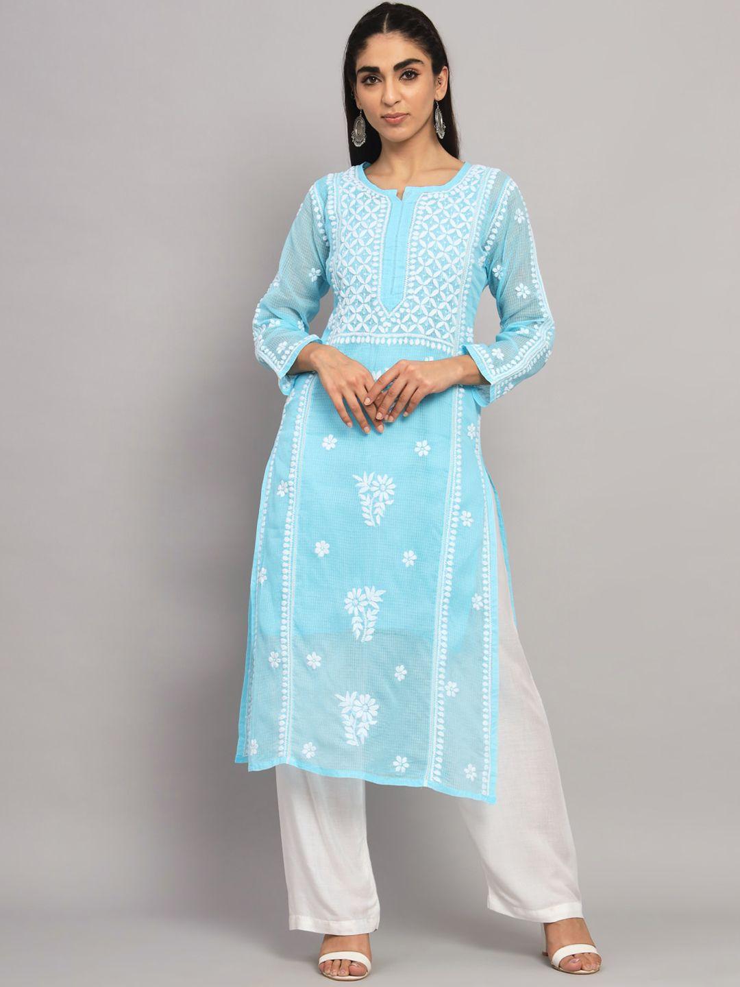 paramount chikan ethnic motifs embroidered chikankari floral kurta with matching slip