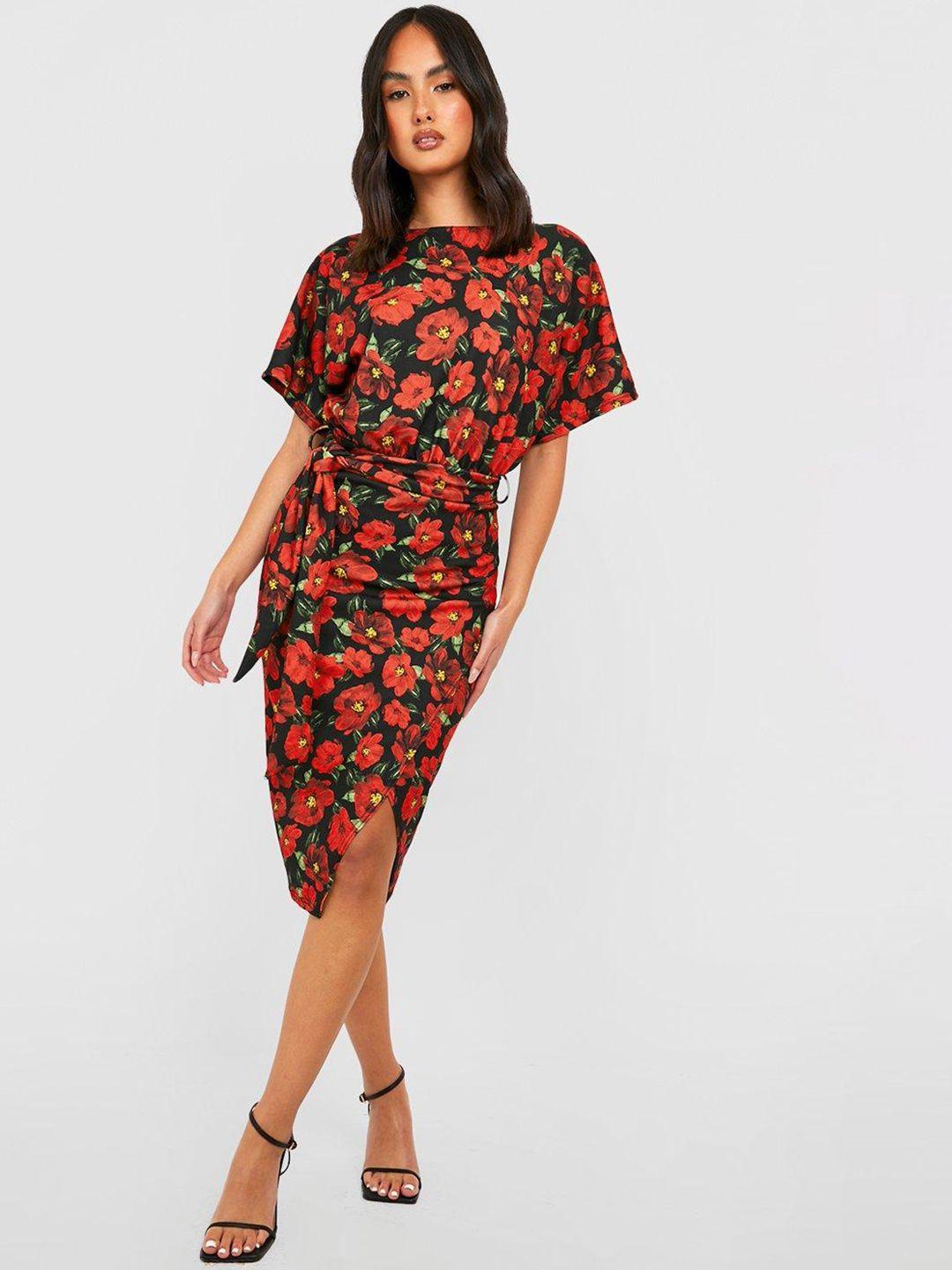 boohoo floral print boat neck tie-up waist sheath dress