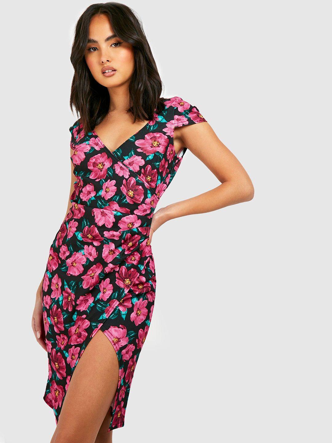 boohoo floral print cap sleeves wrap dress