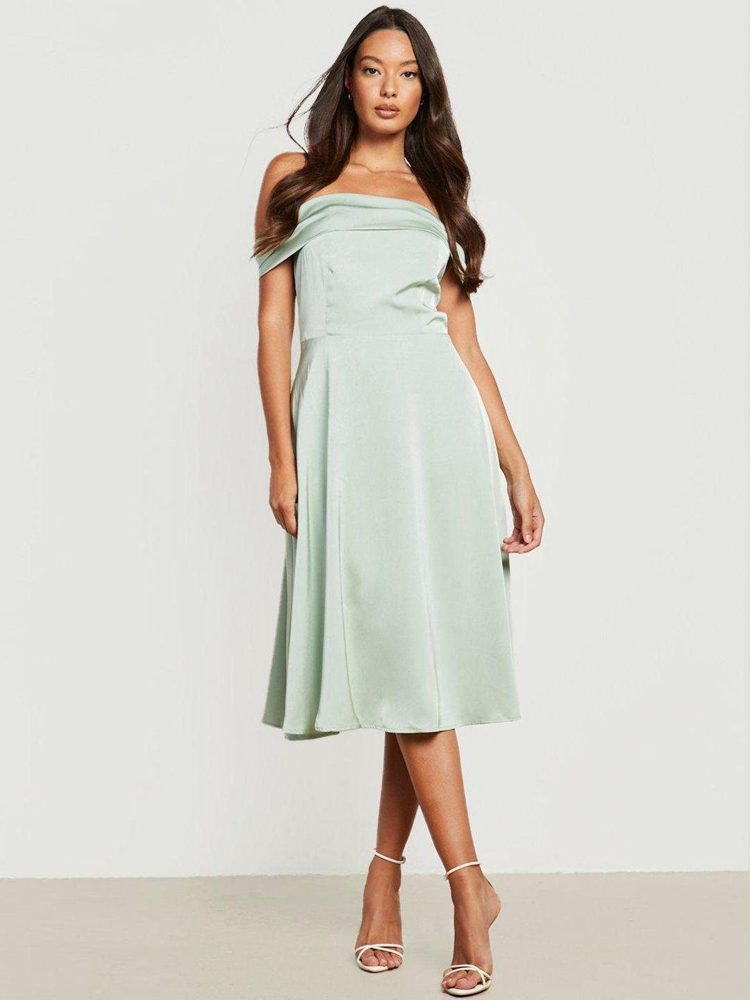 boohoo off-shoulder satin a-line midi dress