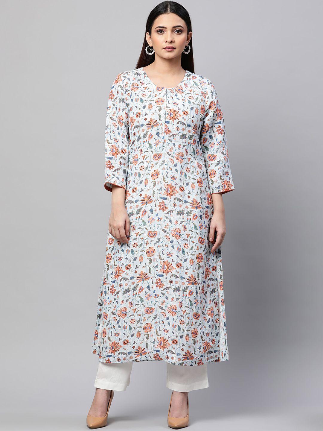 linen club woman floral printed a-line linen kurta