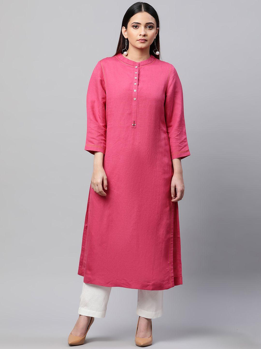 linen club woman mandarin collar long sleeves a-line kurta