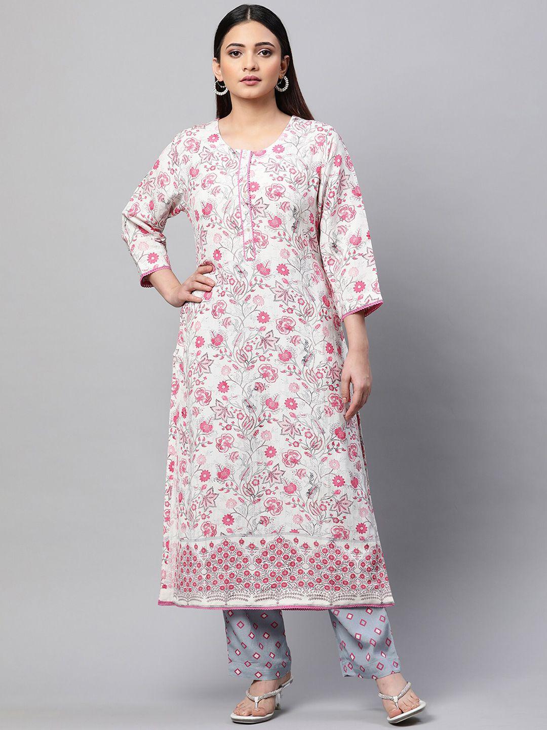 linen club woman floral printed a-line linen kurta with trousers