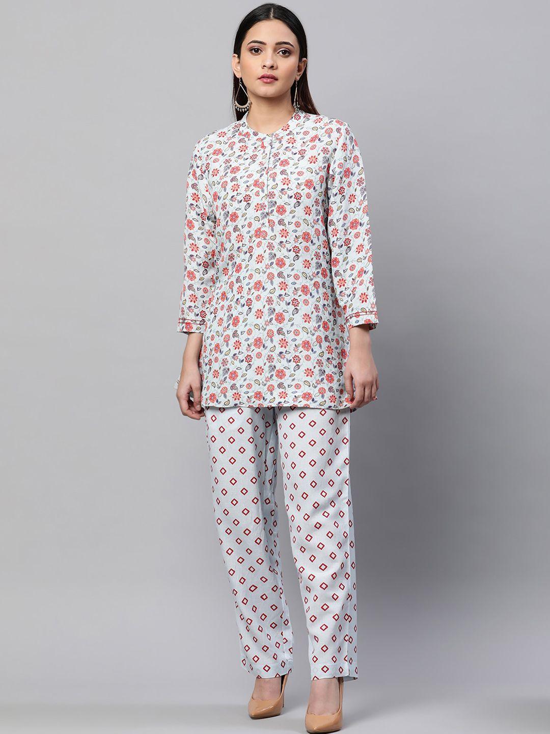 linen club woman floral printed linen kurti with trousers