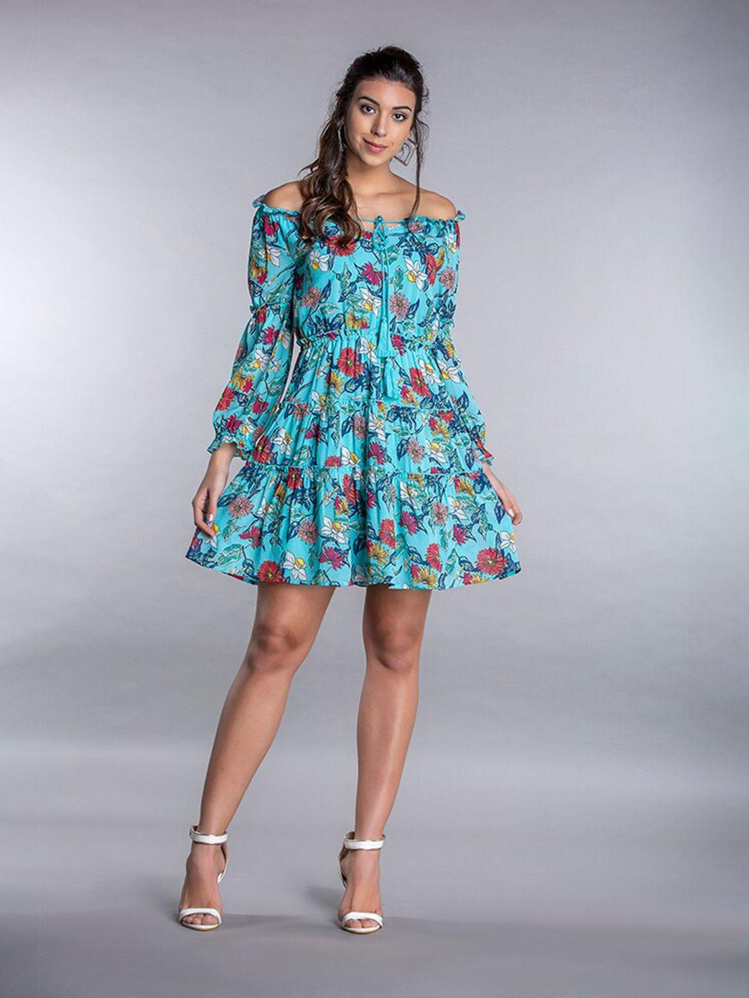 mkoal off-shoulder with tie-up detail floral crepe dress