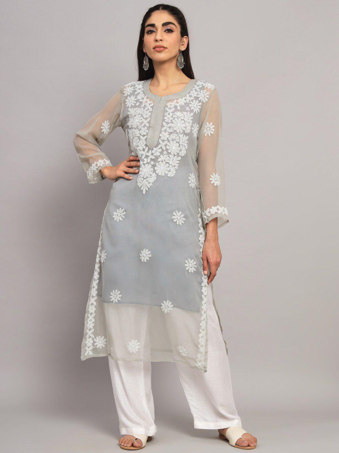 paramount chikan ethnic motifs embroidered chikankari georgette kurta with matching slip