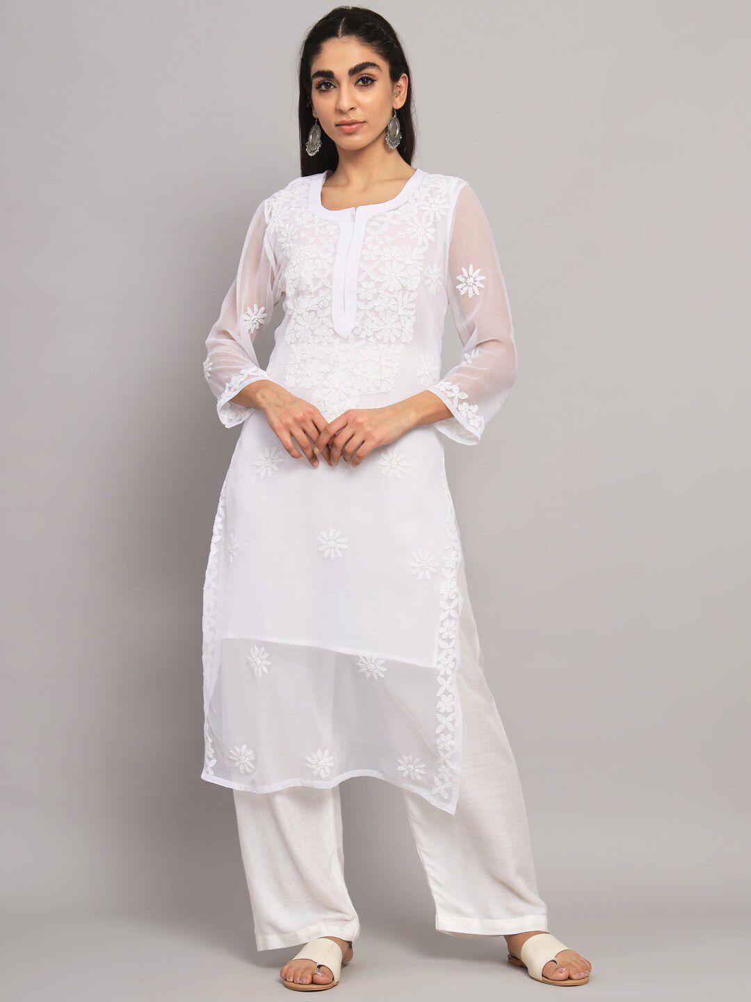 paramount chikan ethnic motifs embroidered chikankari straight kurta with slip