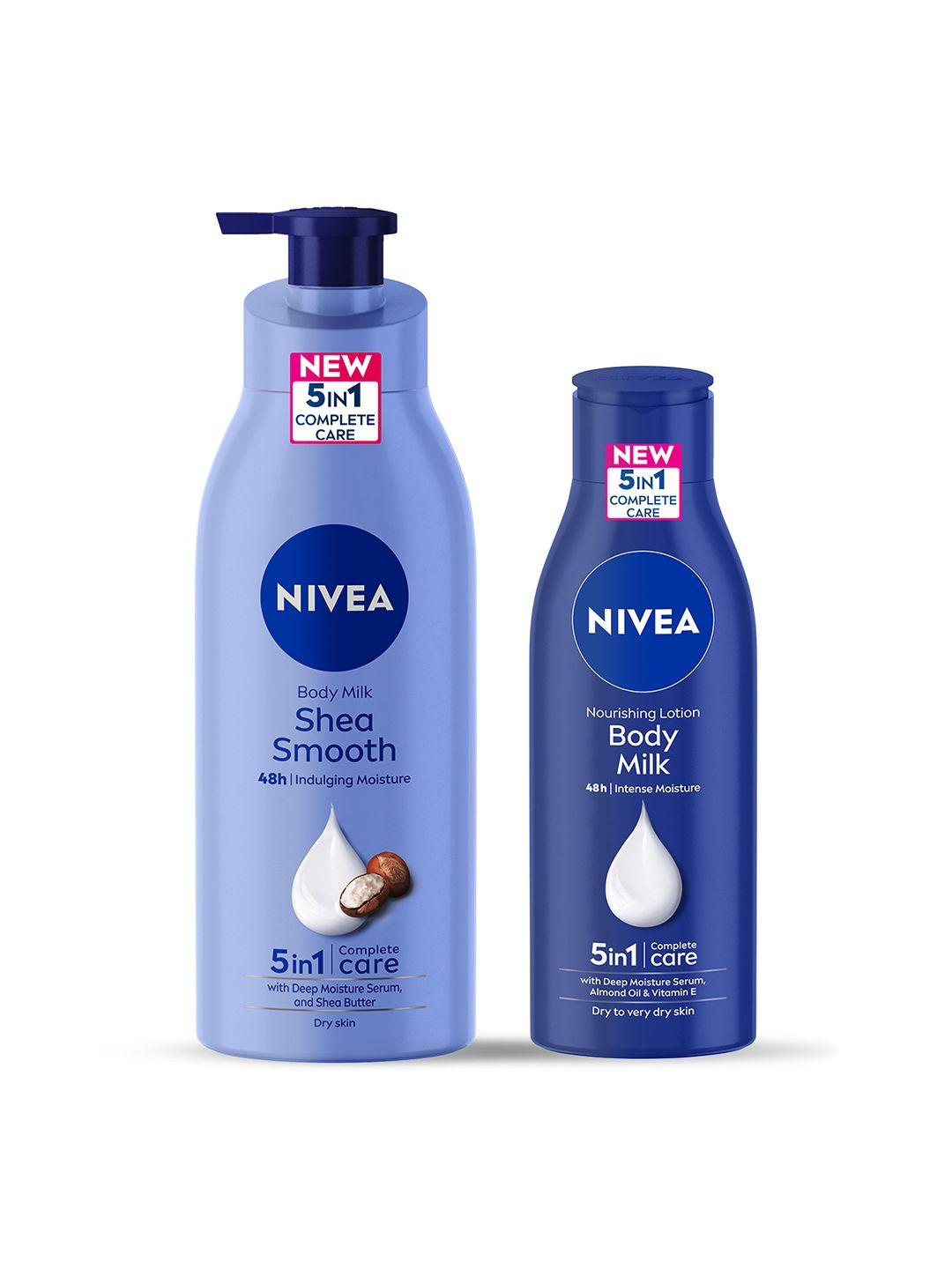 nivea 5-in-1 complete care nourishing body milk lotion 120ml & shea smooth body milk 400ml