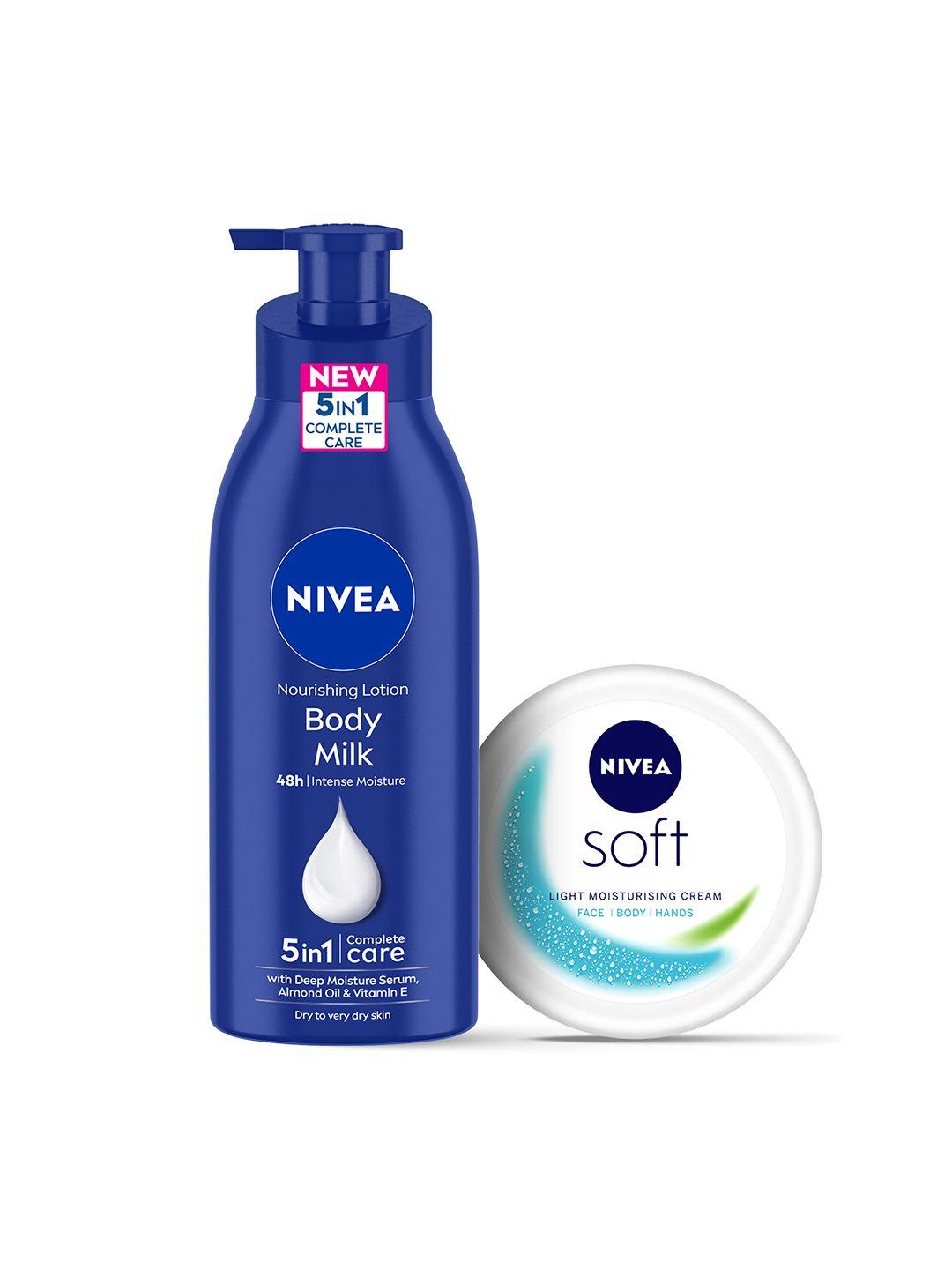 nivea 5-in-1 nourishing body milk lotion 400ml & soft light moisturizing cream 100ml