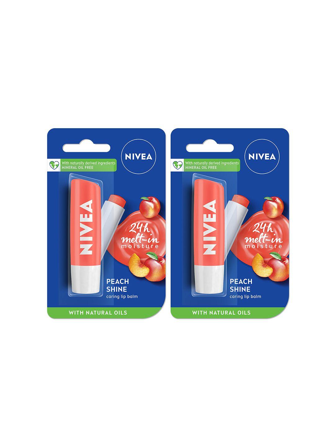 nivea set of 2 peach fruity shine caring lip balm - 4.8g each