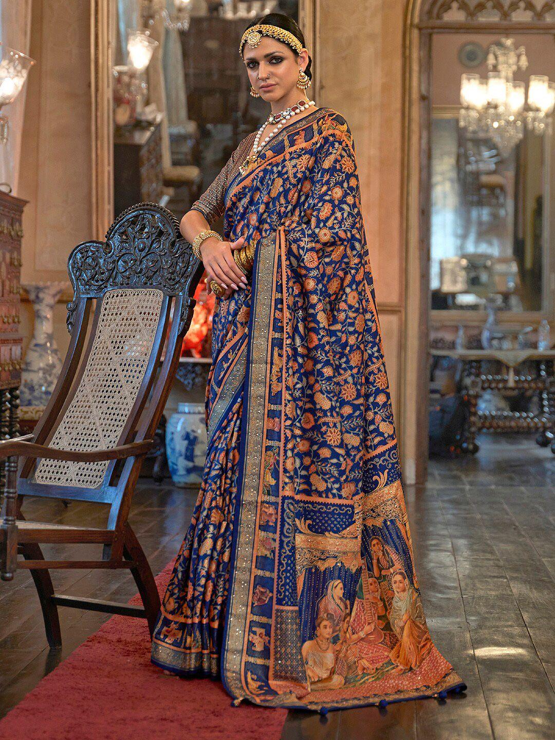 anouk floral printed beads and stones banarasi saree