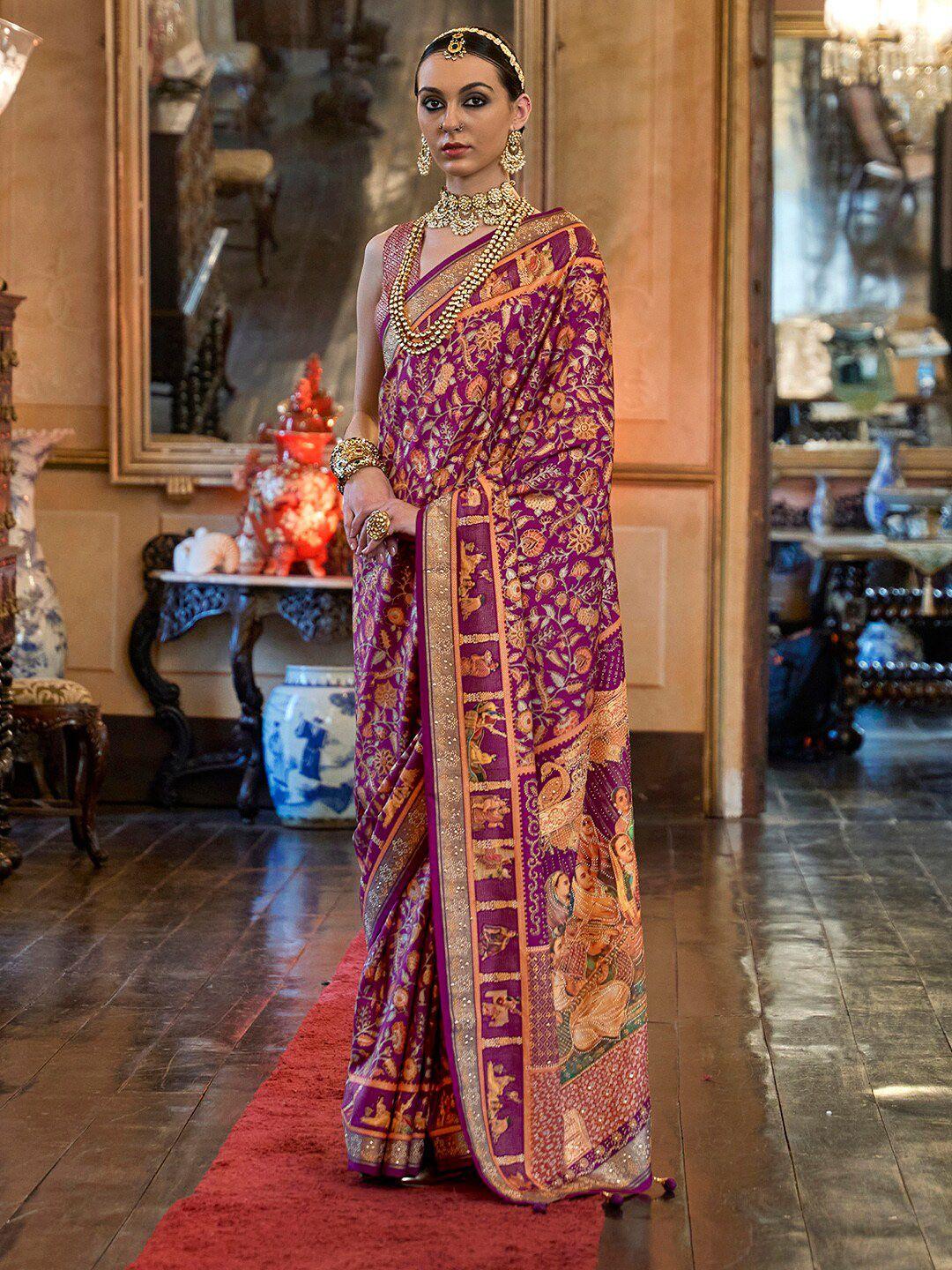 anouk floral design printed embellished zari banarasi saree