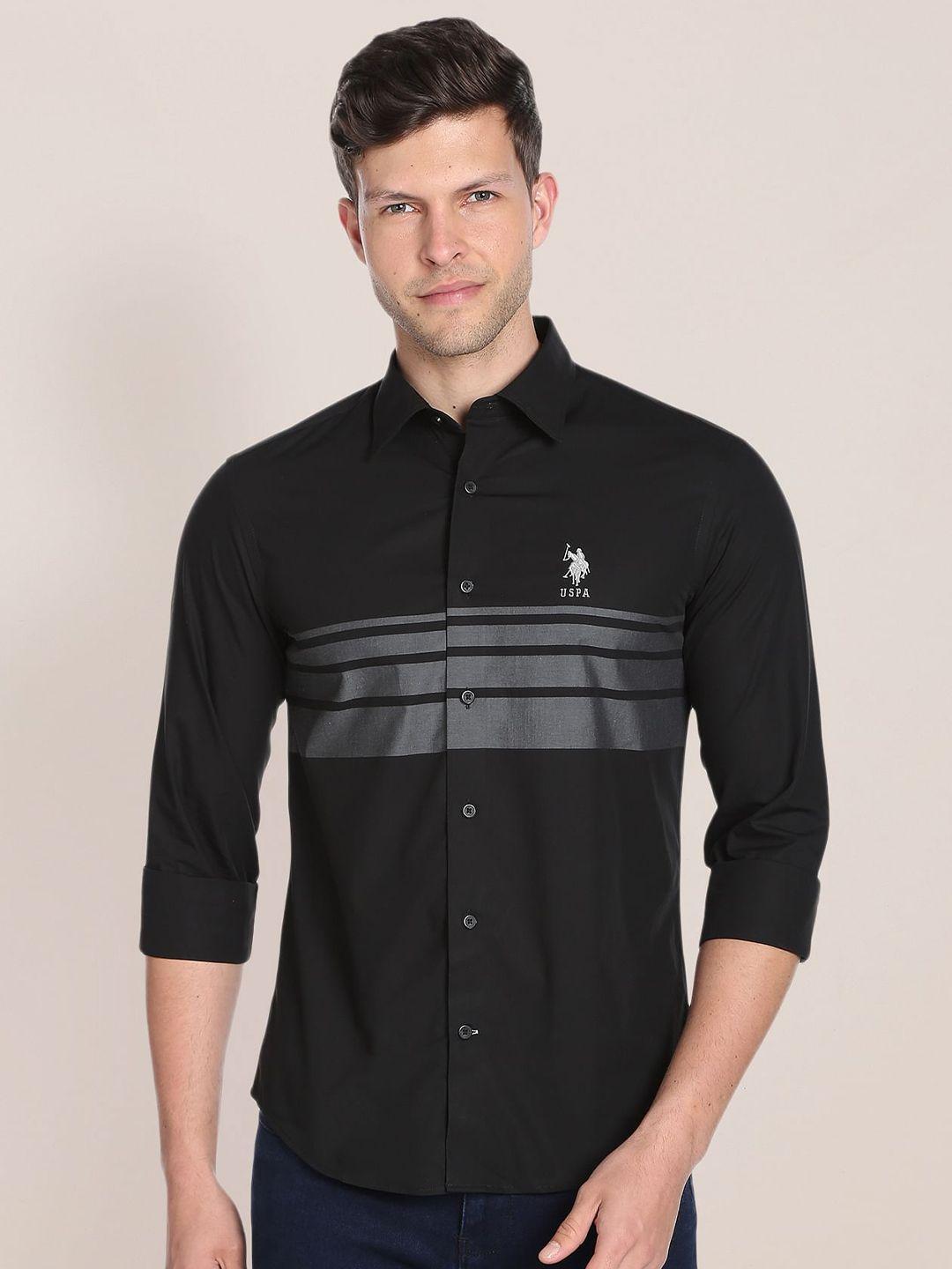 u.s. polo assn. spread collar horizontal stripe regular fit pure cotton casual shirt