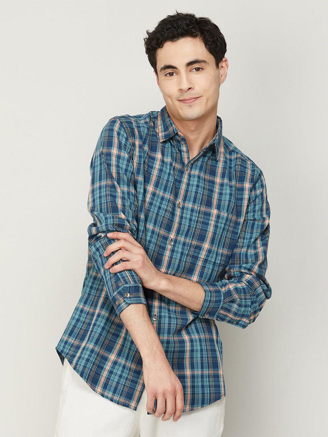 forca men green tartan checks checked casual shirt