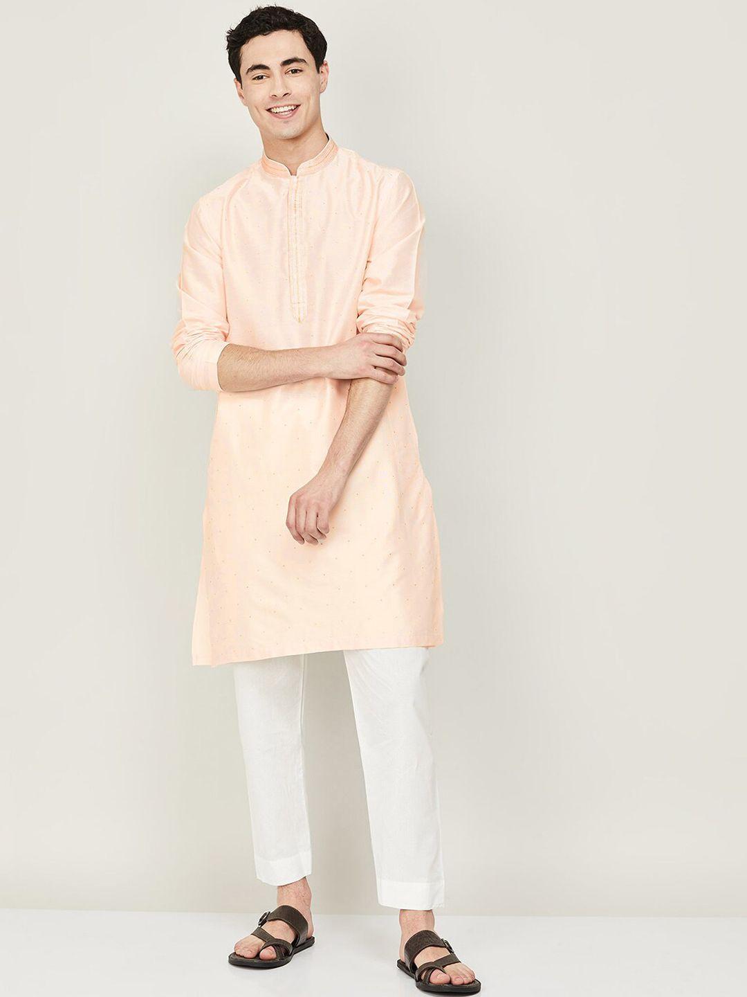 melange by lifestyle mandarin collar thread work pure cotton kurta with pyjamas