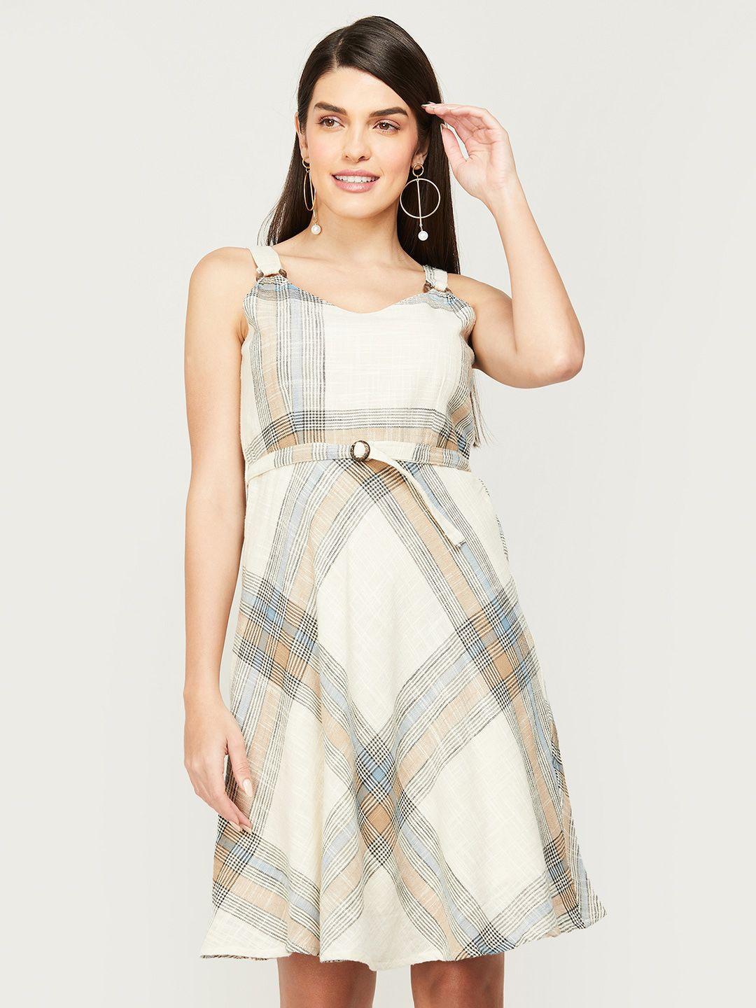 code by lifestyle checked shoulder strap fit & flare cotton dress