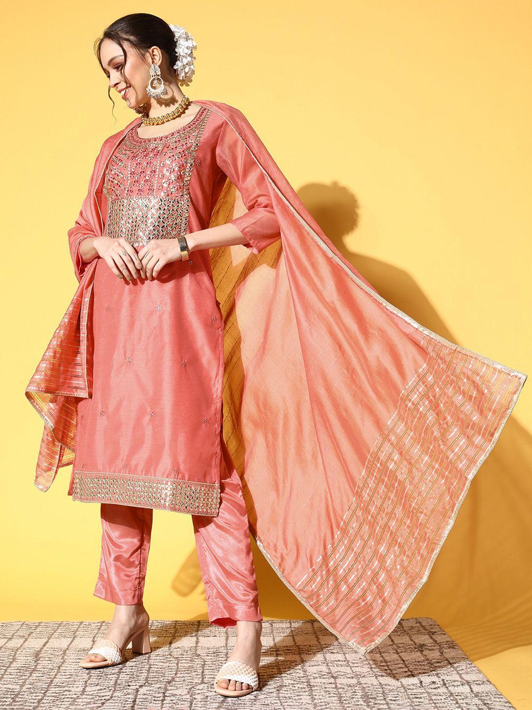 ishin ethnic motifs embroidered gotta patti chanderi cotton kurta with trousers & dupatta