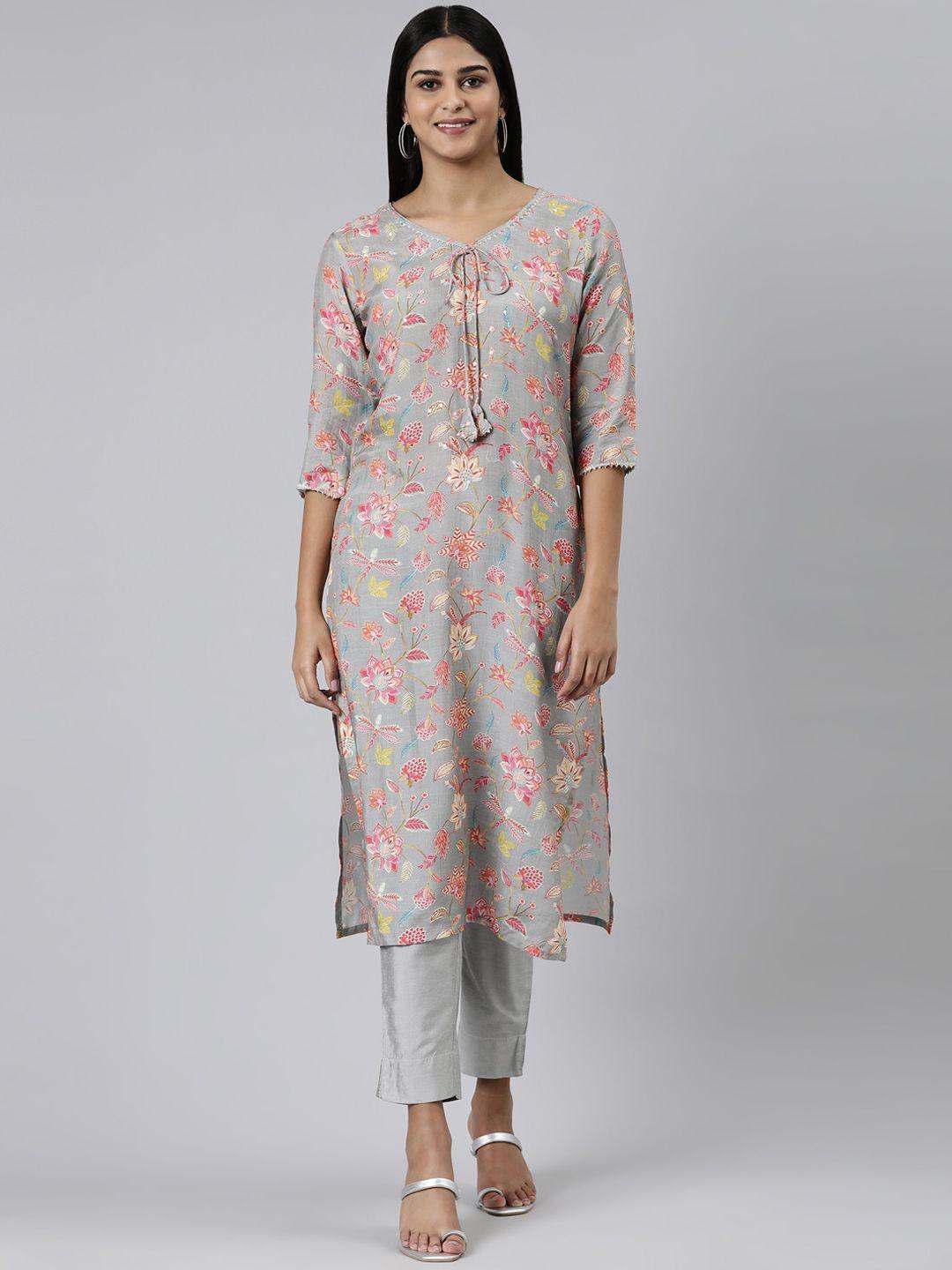 neerus floral printed v neck sequinned cotton kurta