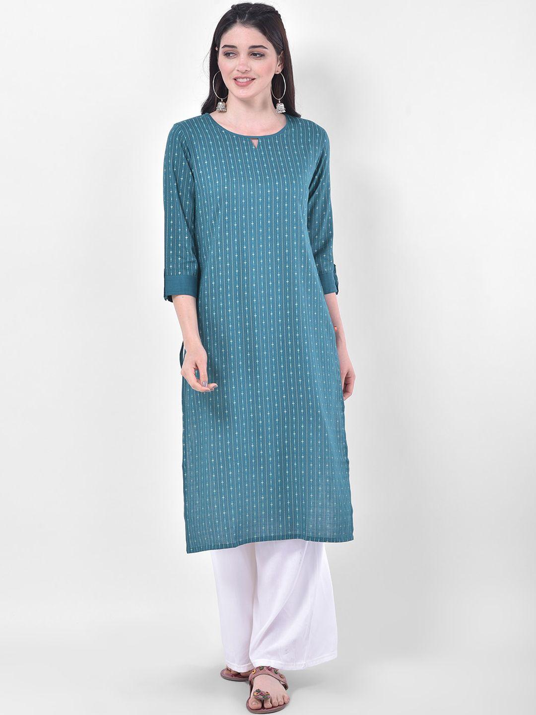 span geometric printed keyhole neck pure cotton kurta