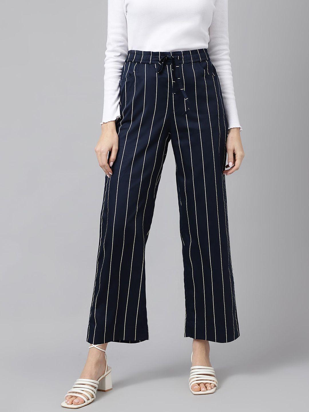 xpose women striped comfort high-rise pure cotton parallel trousers