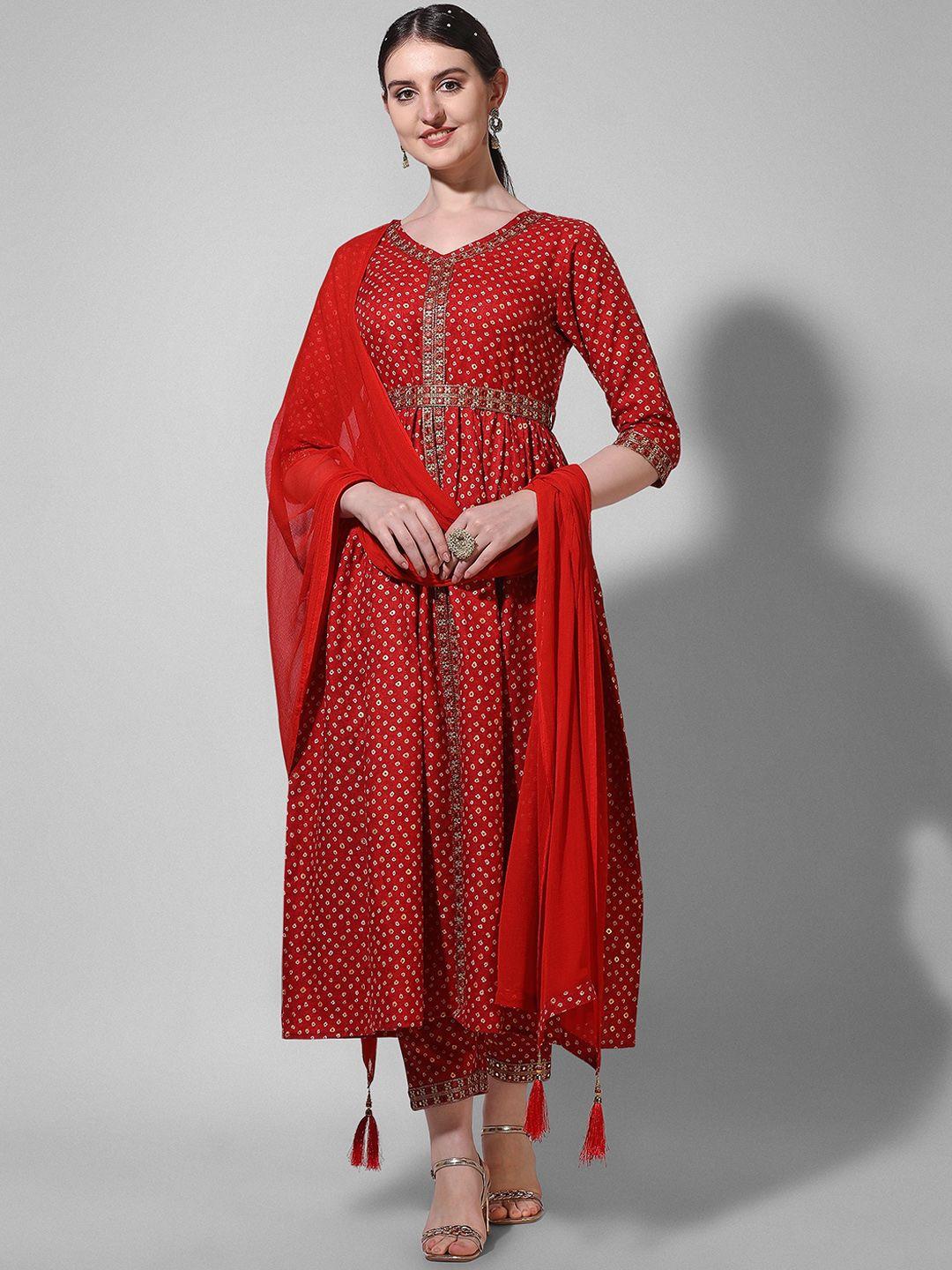 berrylicious bandhani printed mirror work high slit a-line kurta with trousers & dupatta