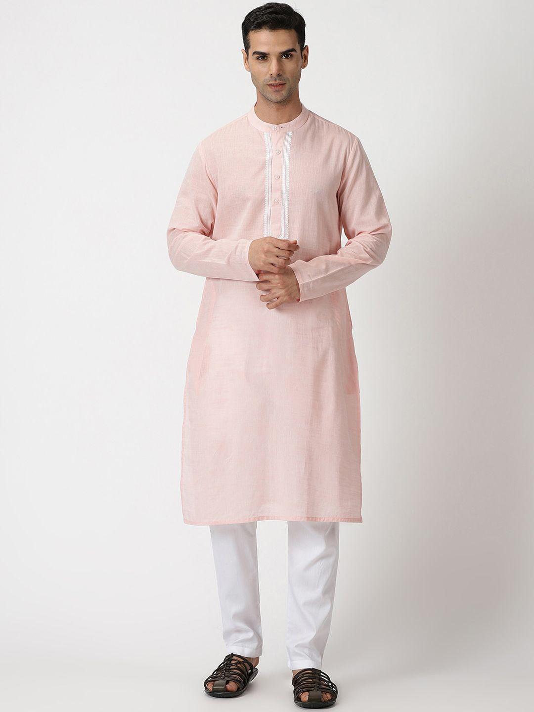 saffron threads mandarin collar thread work pure cotton kurta