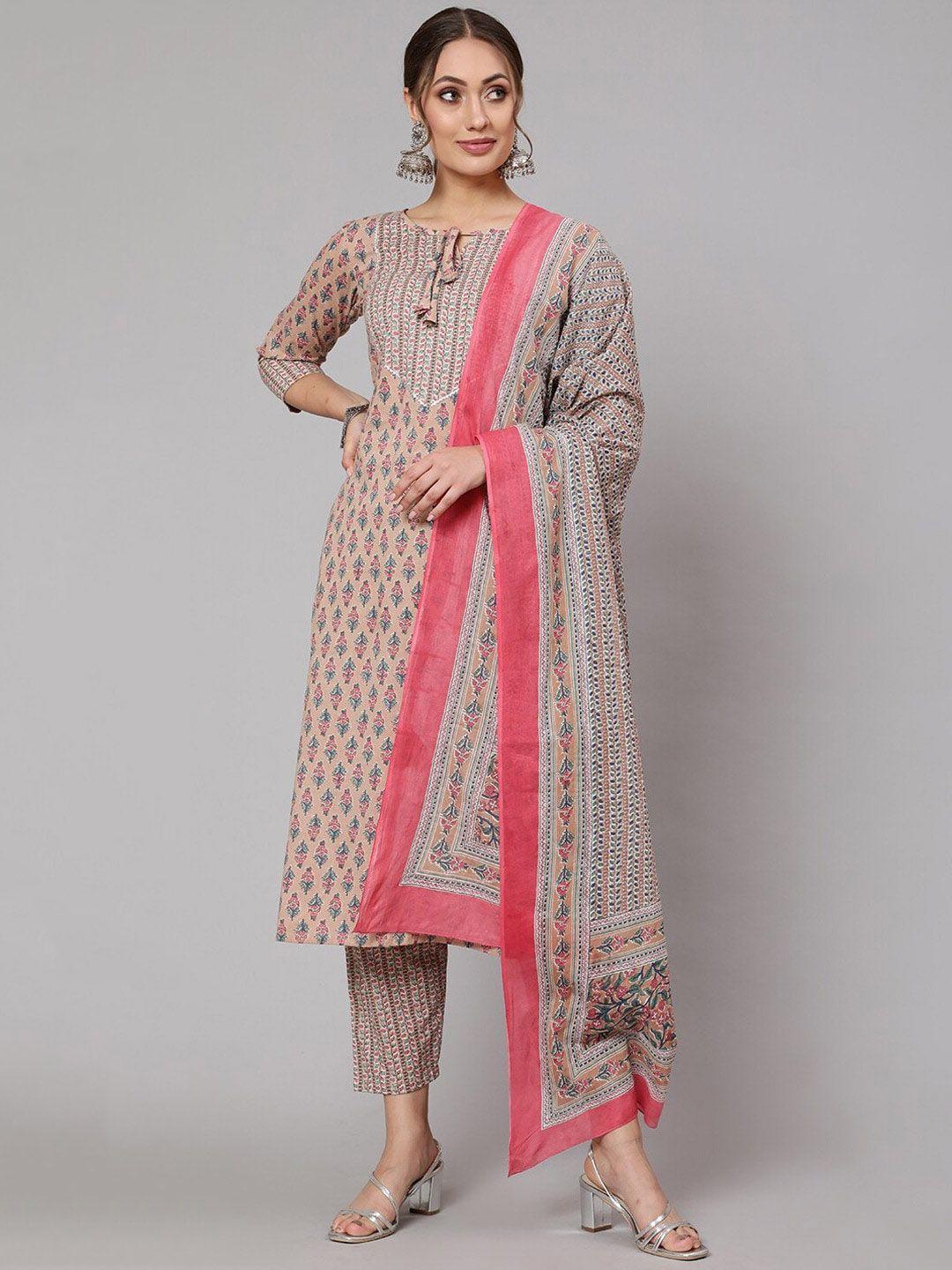 the nks plus floral printed pure cotton kurta with trousers & dupatta