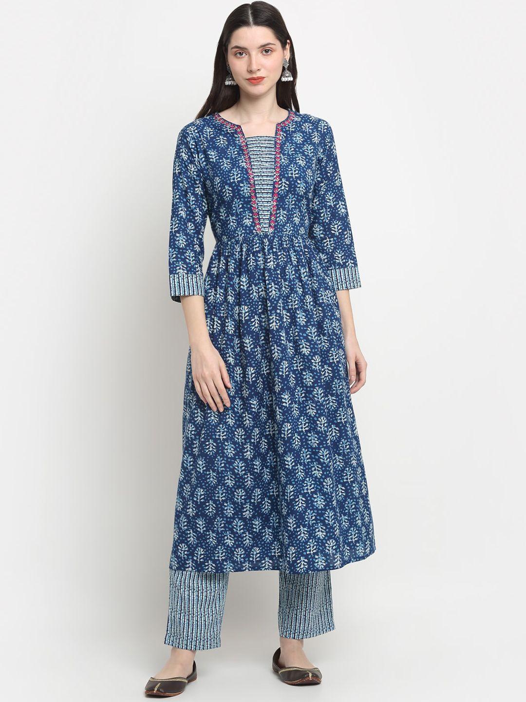 kalini floral printed pleated thread work anarkali pure cotton kurta with trousers