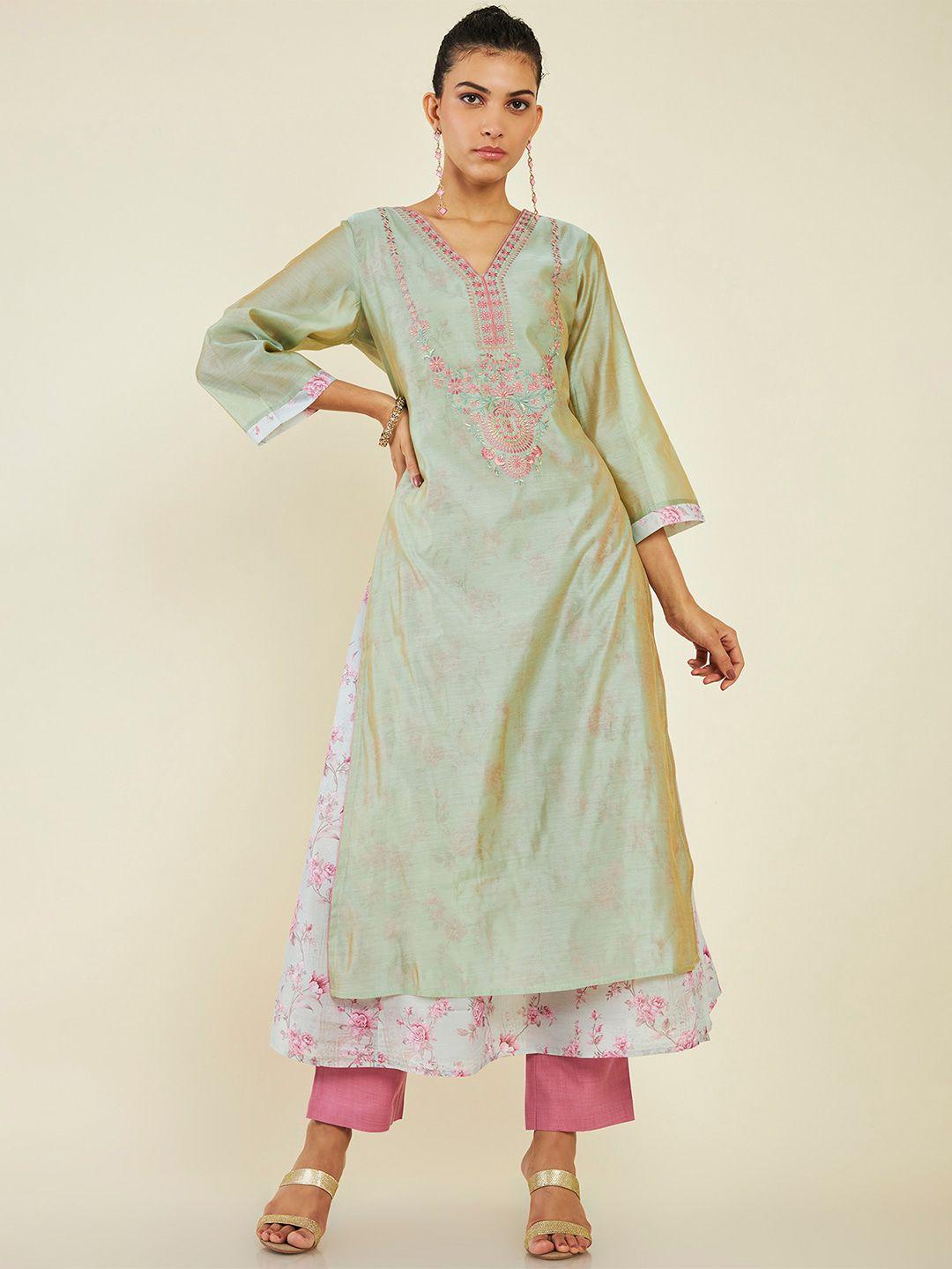 soch floral embroideredchanderi cotton kurta with trousers & dupatta