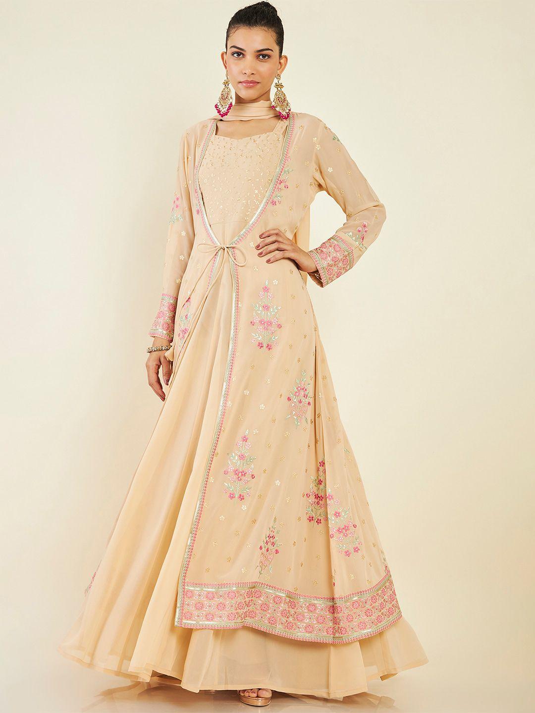 soch floral embroidered sequined anarkali kurta with churidar, dupatta & jacket