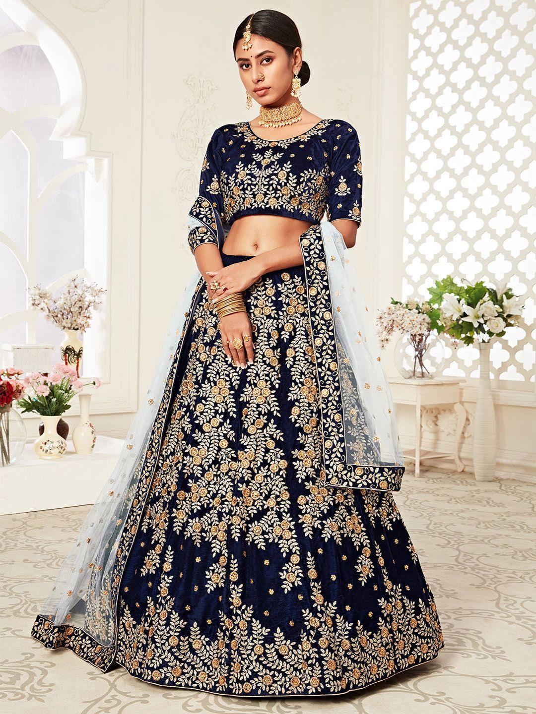 fabpixel embroidered beads and stones velvet semi-stitched lehenga choli with dupatta