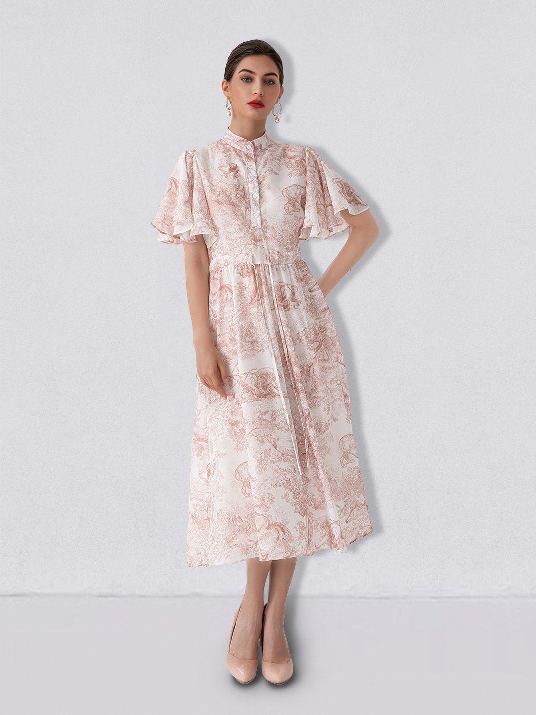 jc collection printed mandarin collar flared sleeves midi a-line dress