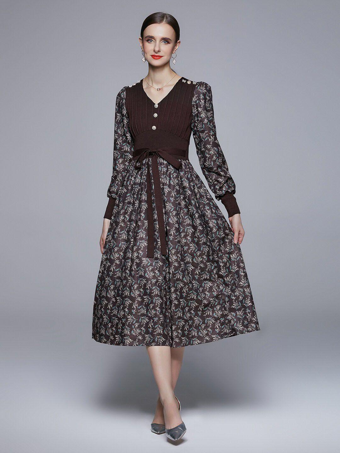 jc collection floral long sleeve tie up detail fit & flare midi dress