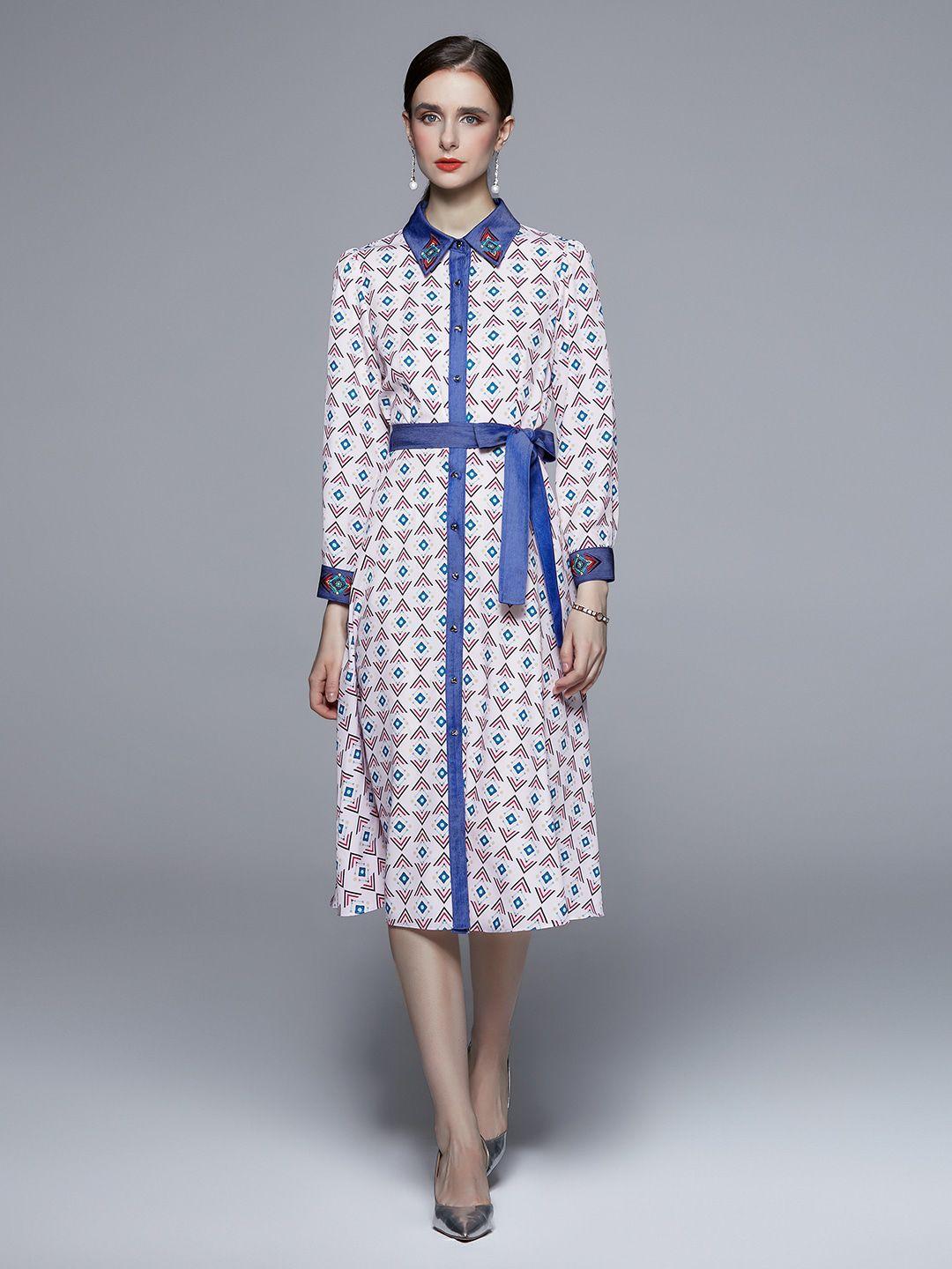 jc collection shirt collar geometric printed midi dress with belt