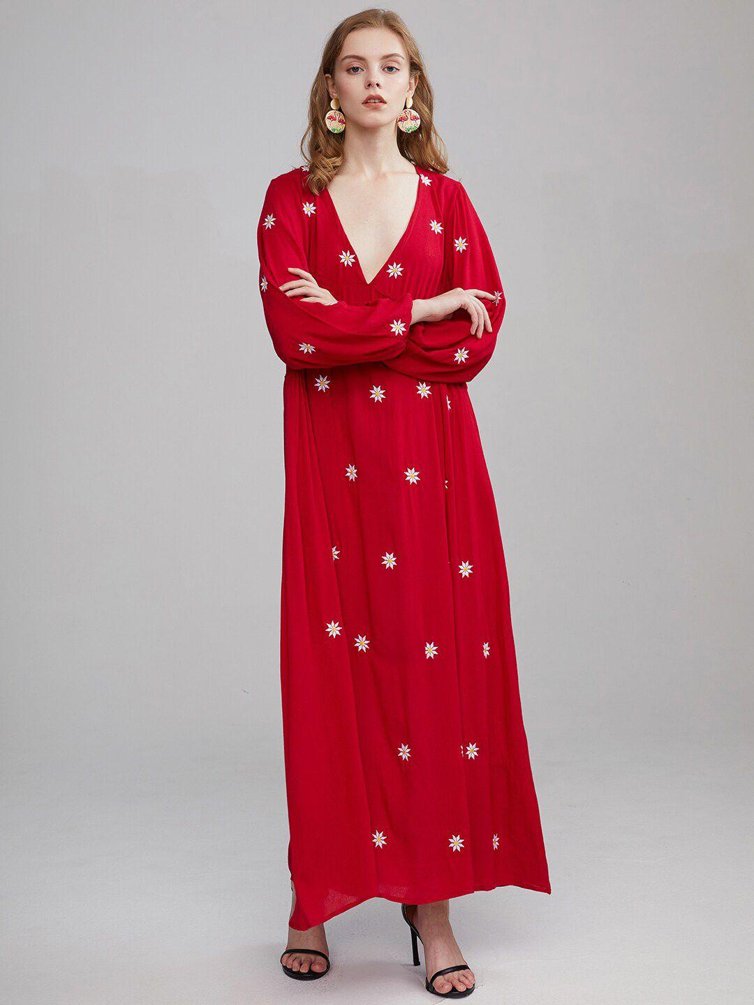 jc collection floral embroidered v-neck cuffed sleeves pure cotton maxi dress